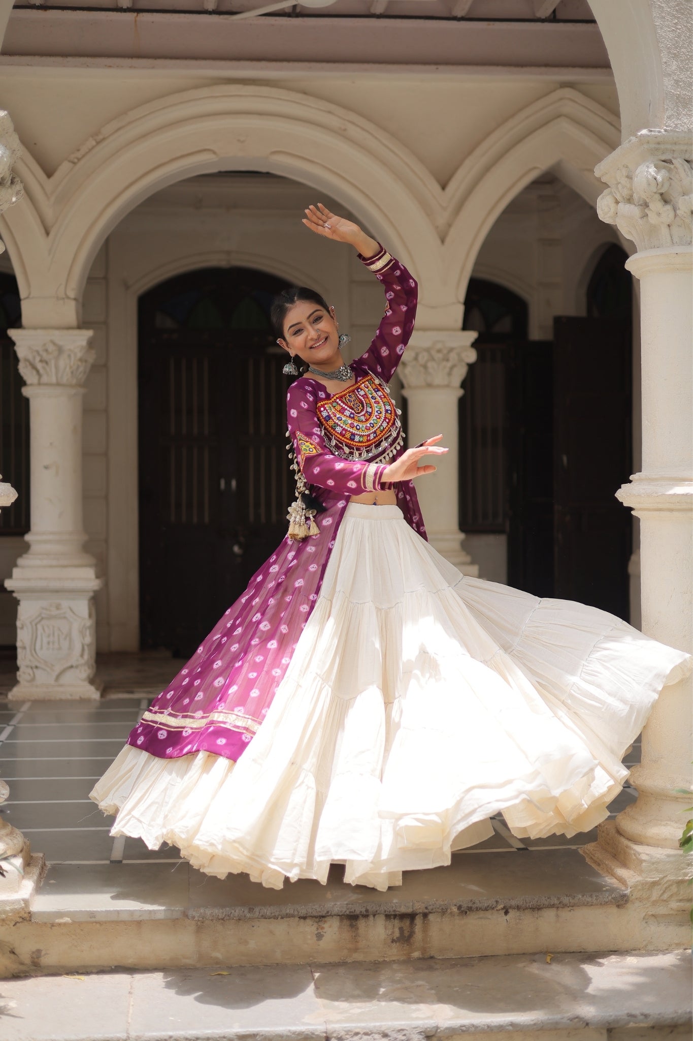 Kora Cotton Stylish Frill Stitching Beautiful Navratri Lehenga With Bandhani Printed Kurti