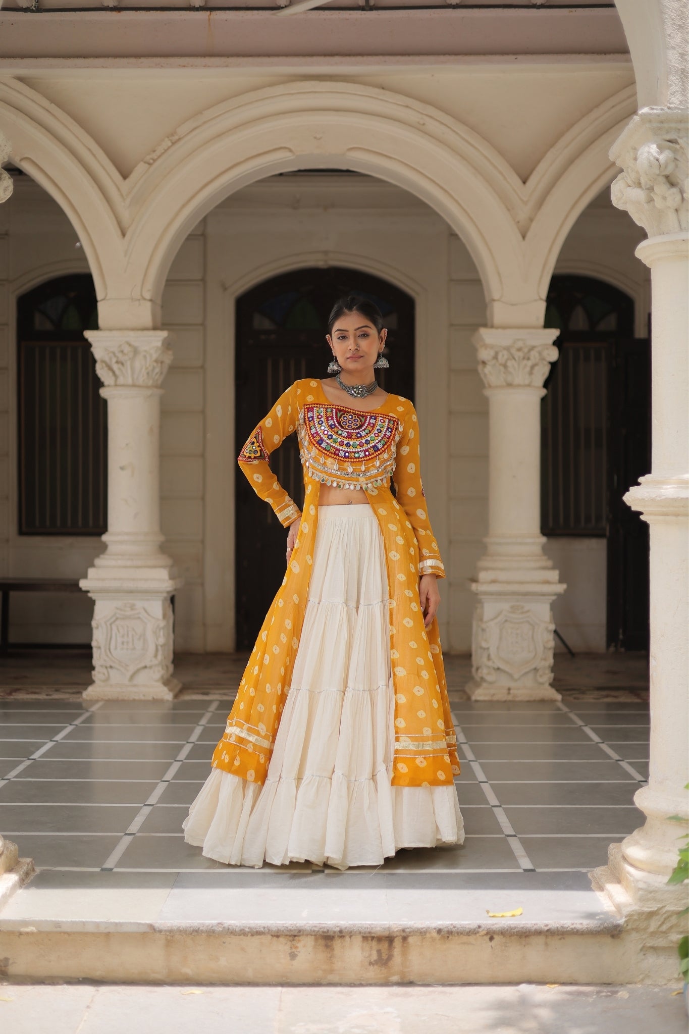 Kora Cotton Stylish Frill Stitching Beautiful Navratri Lehenga With Bandhani Printed Kurti