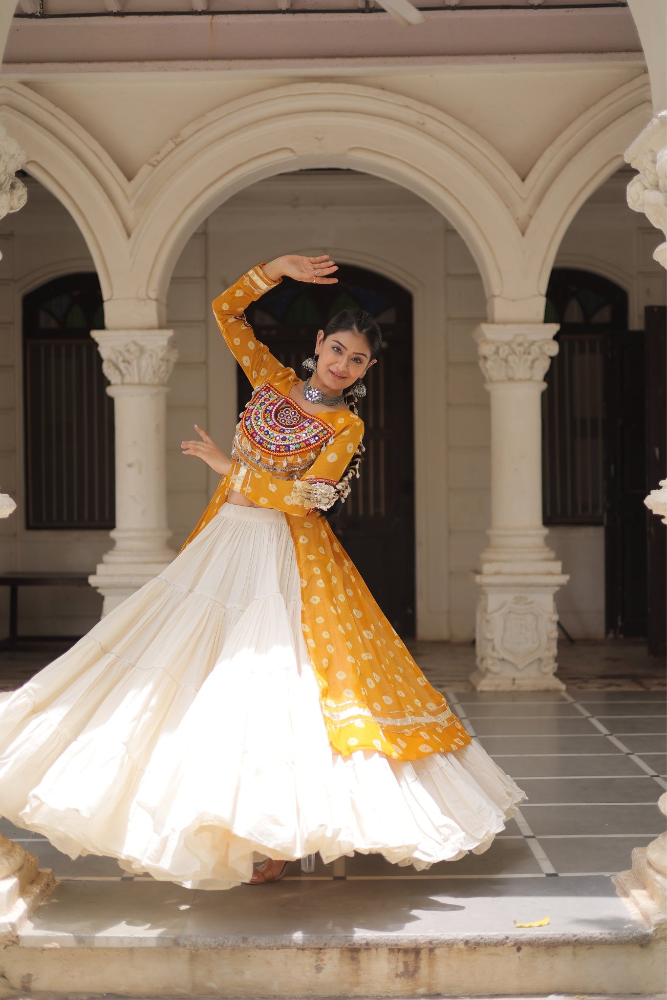 Kora Cotton Stylish Frill Stitching Beautiful Navratri Lehenga With Bandhani Printed Kurti