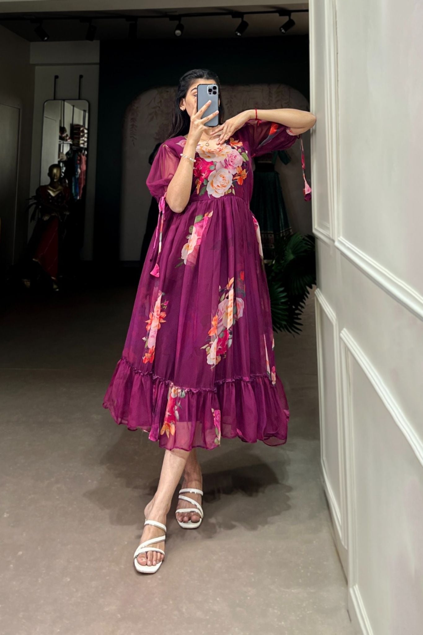 Purple Floral Printed Georgette Dress