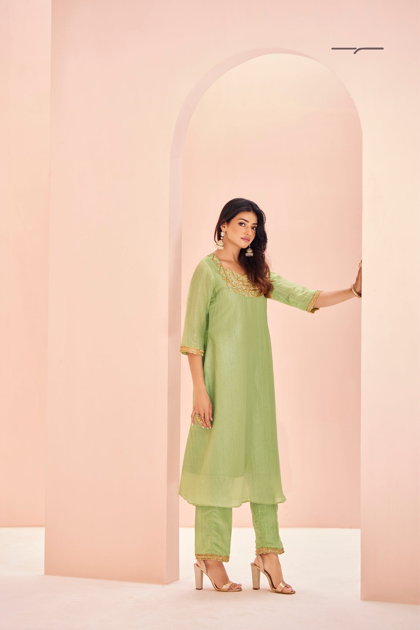 Serene Light Green Pure Organza Handwork A-Line Kurta Set