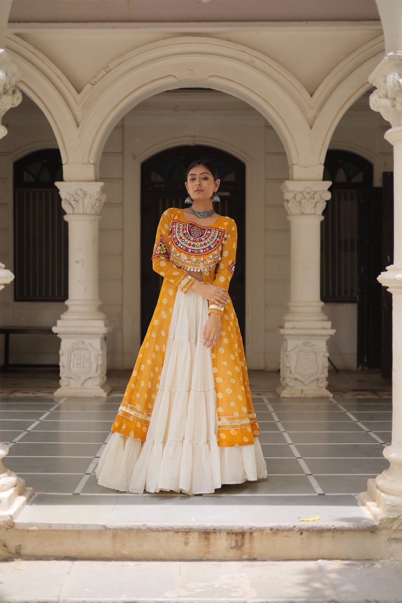 Kora Cotton Stylish Frill Stitching Beautiful Navratri Lehenga With Bandhani Printed Kurti