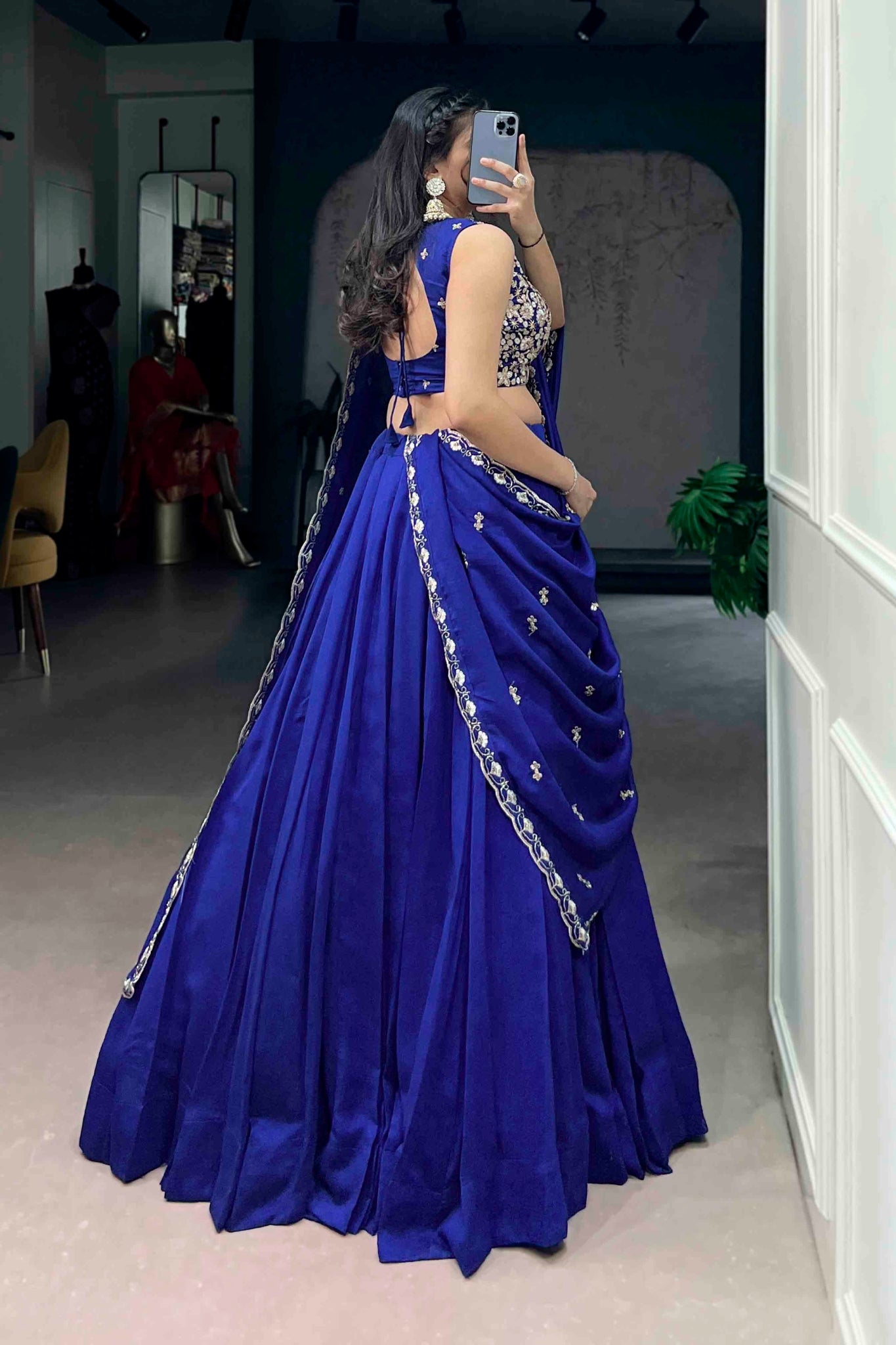 Royal Blue Kashmiri Lehenga Set With Heavy Embroidered Blouse And Dupatta