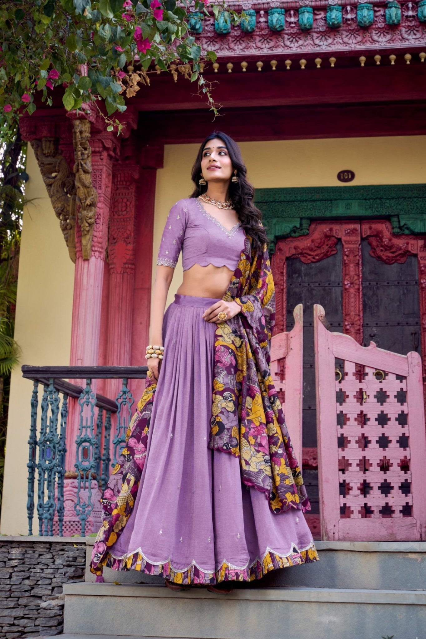 Stunning Sequins Tread Embroidery With Kalamkari Printed Lehenga Choli