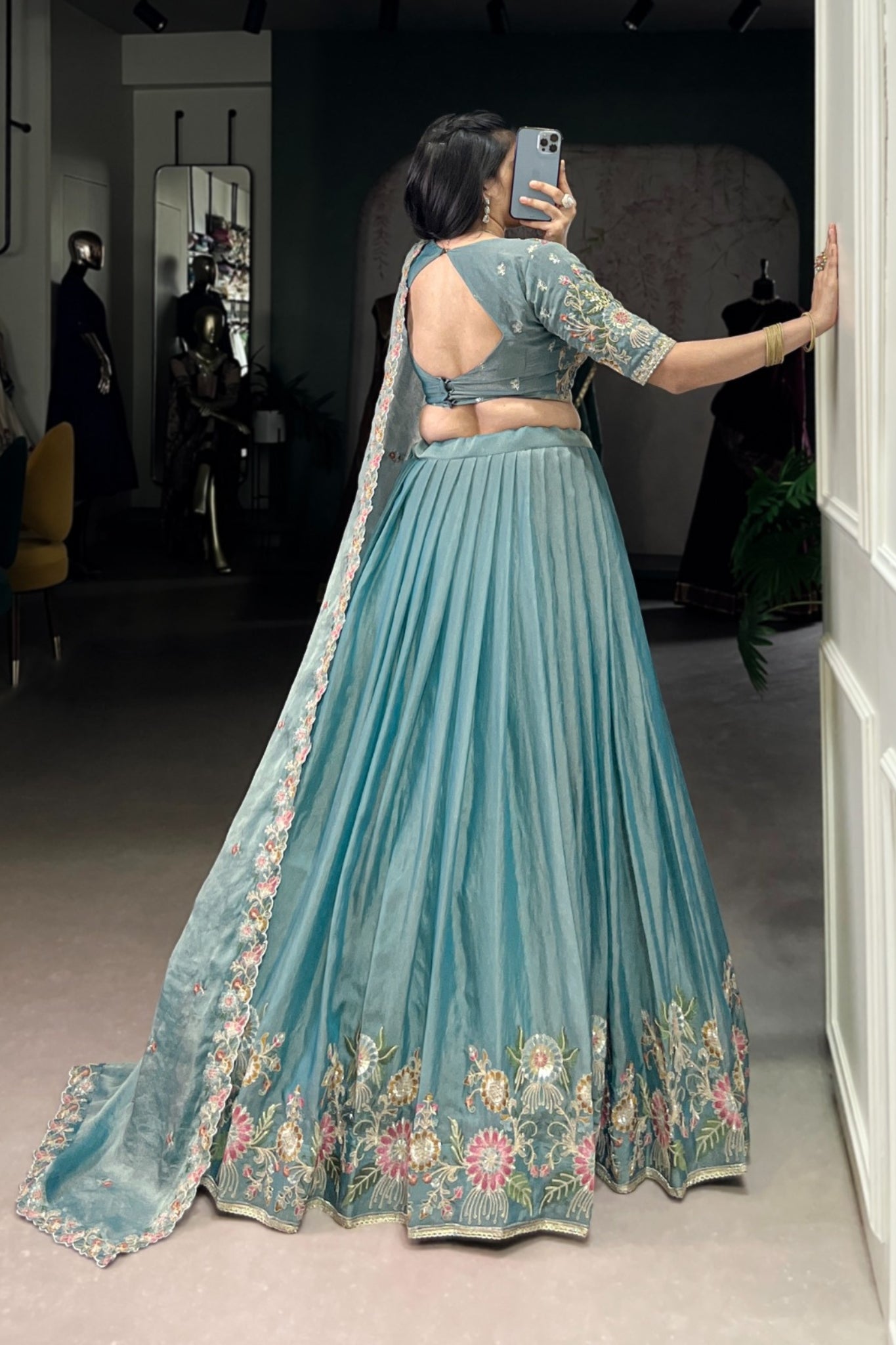 Sky Blue Zari Shimmer Sequins Tread Embroidered Work Wedding Lehenga Choli