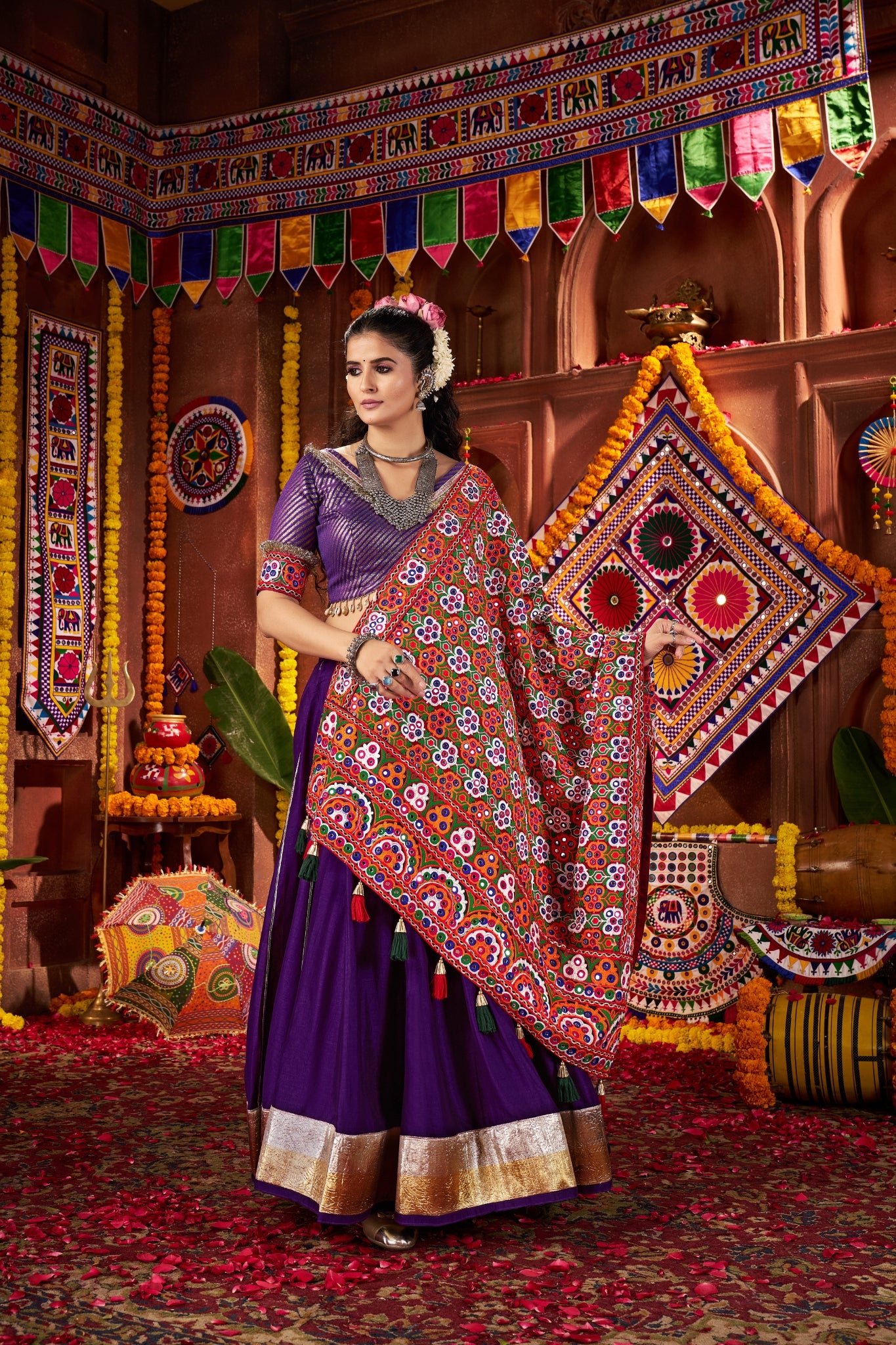Purple Silk Tread Embroidered Designer Navratri Chaniya Choli Set