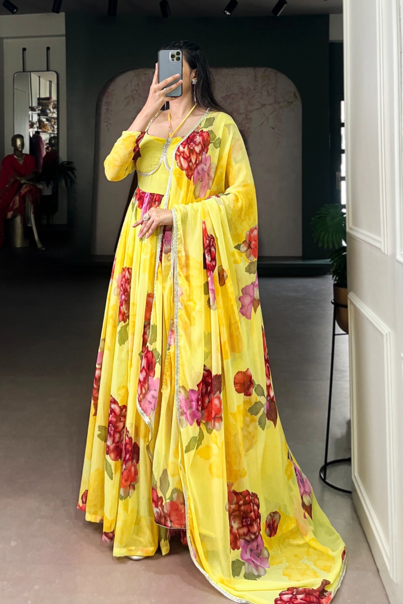 Premium Chiffon Floral Print Gown With Lace Detailing And Matching Dupatta