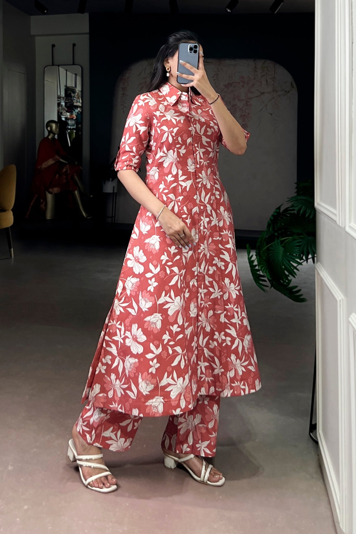 Floral Foil Print Chanderi Kurta Pant Set For Women