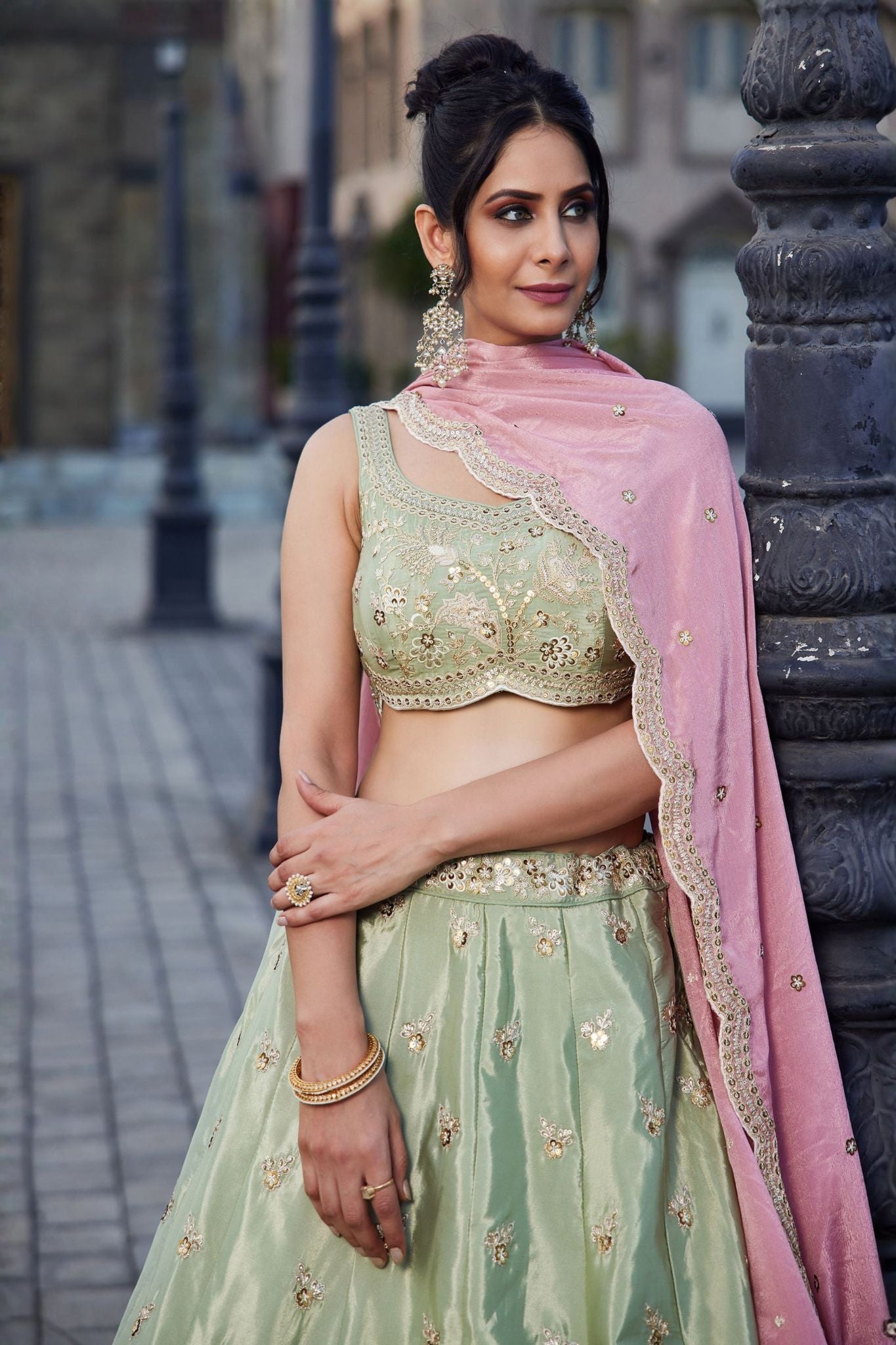 Pista Green Designer Art Silk Lehenga Choli With Zari Sequins & Dori Embroidery Work
