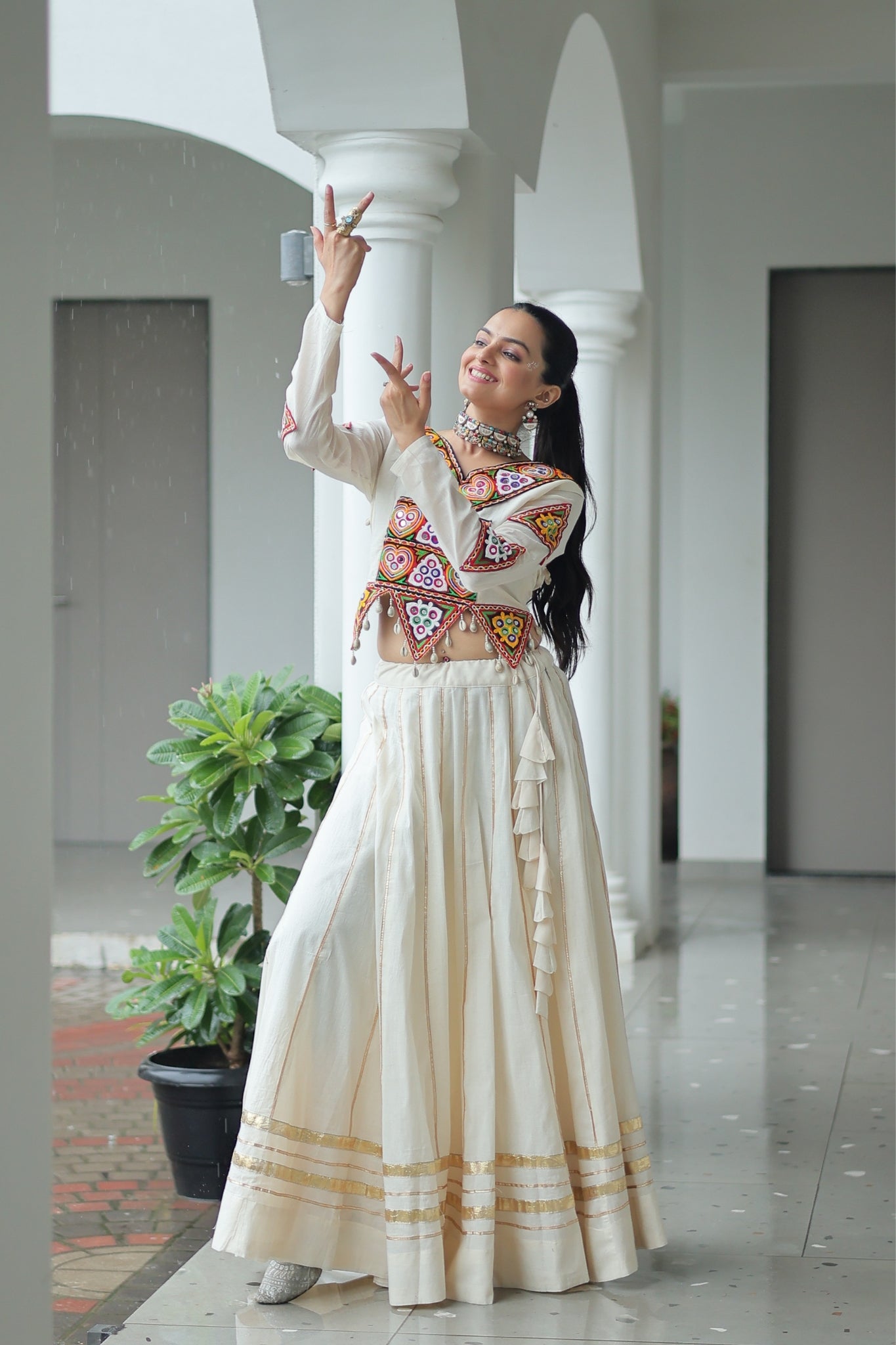 Off White Cotton Kutchi Gamthi Work With Gota Patti Lace Touch up Navratri Designer Lehenga choli