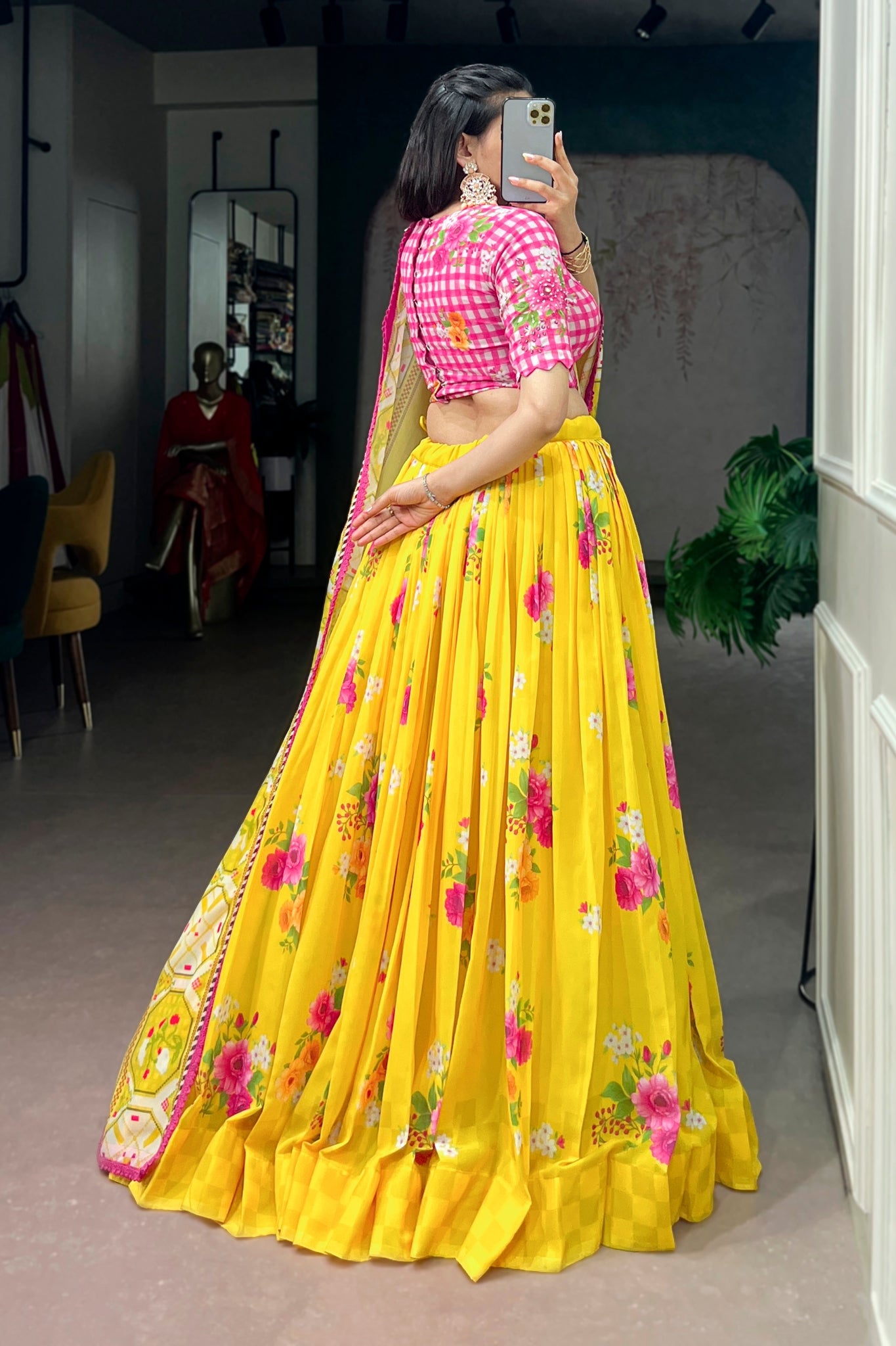 Designer Yellow Floral Georgette Lehenga Choli With Handwork Blouse & Printed Dupatta For Women