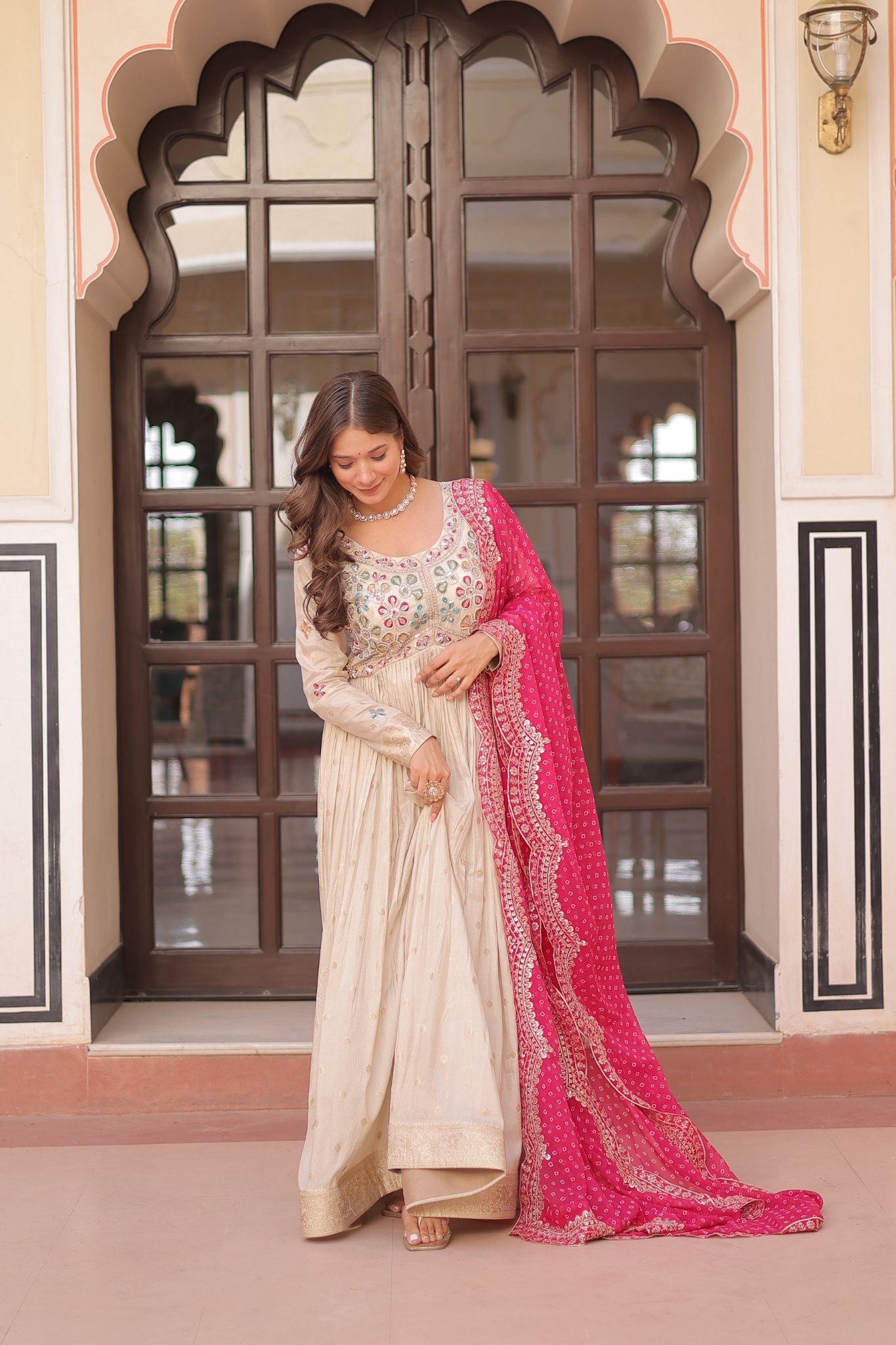 Cosmos Weaving Jacquard Crafted Pearl beads Embroidered Work Gown With Dupatta