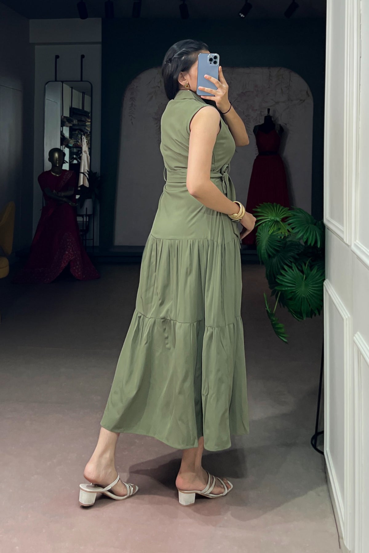 Olive Green Hemmer Silk Dress For Women