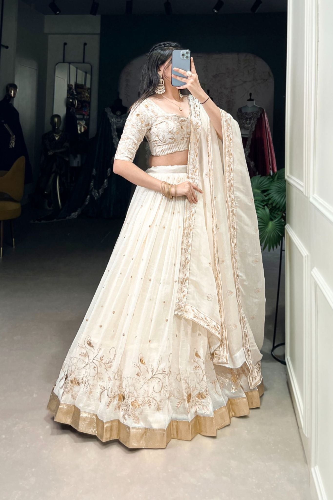 White Silver Glossy Sequins Embroidered Designer Lehenga Choli