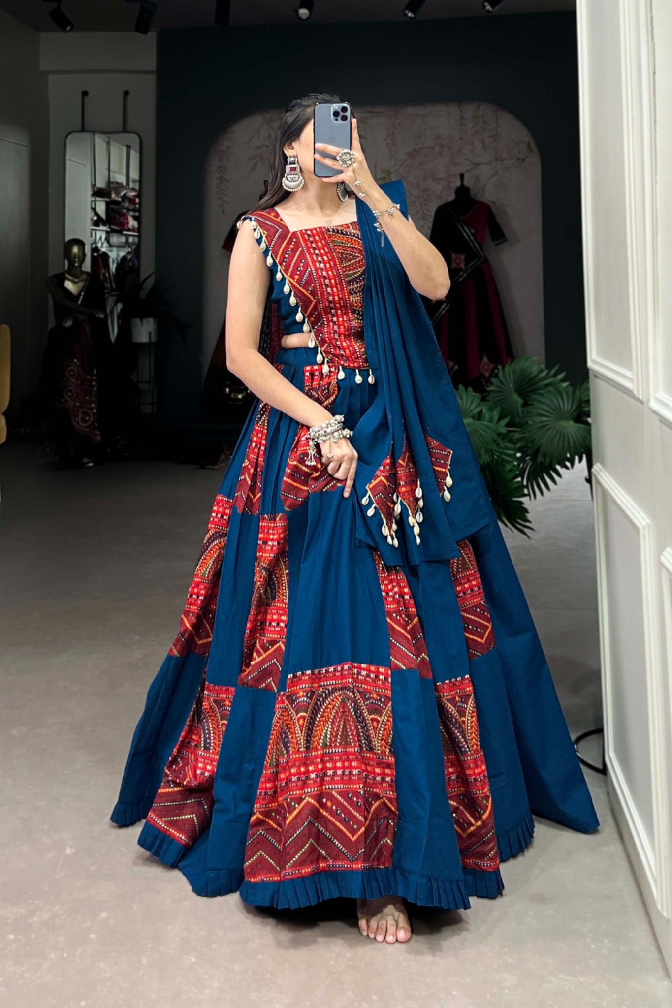 Blue Designer Printed With Foil Work Ready Made Navratri Lehenga Choli