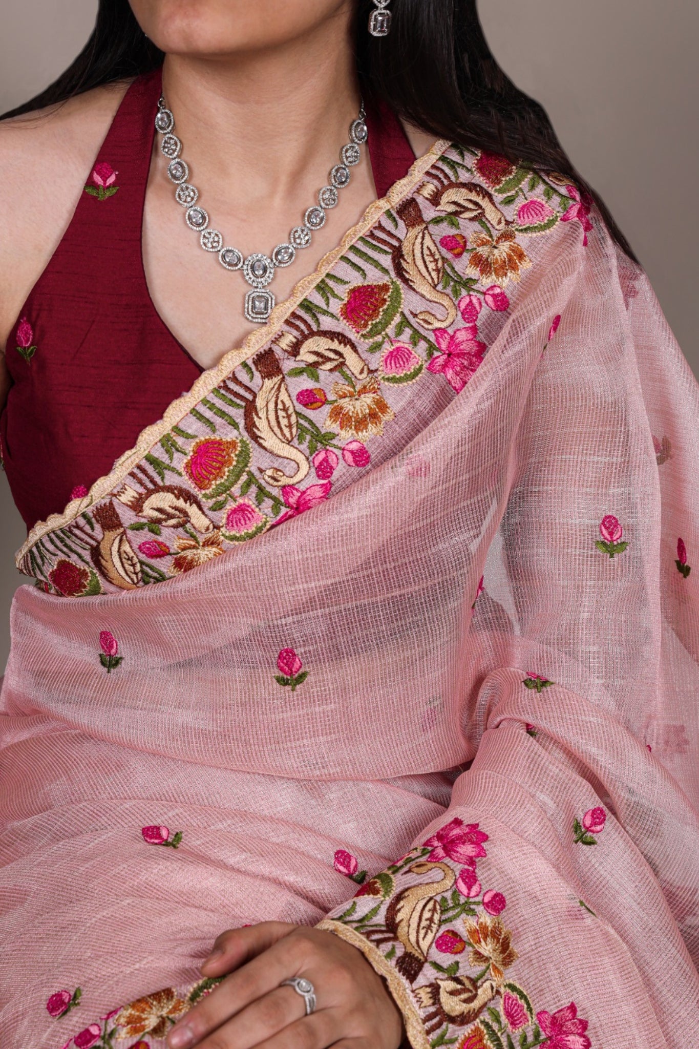 Luxury Zari Kota Tissue Designer Saree With Thread Embroidery Work