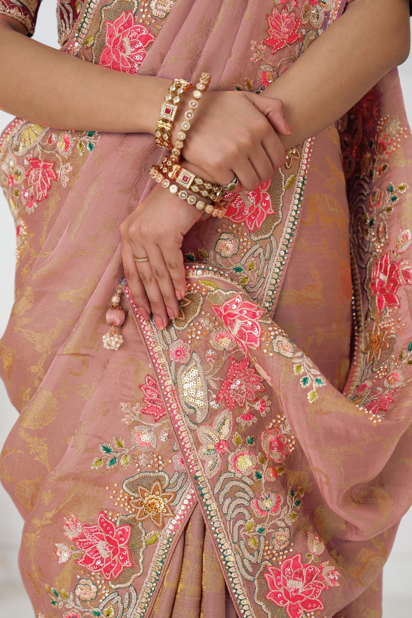 Stunning Peach Pure Dola Viscose Silk Stylish Wedding Saree