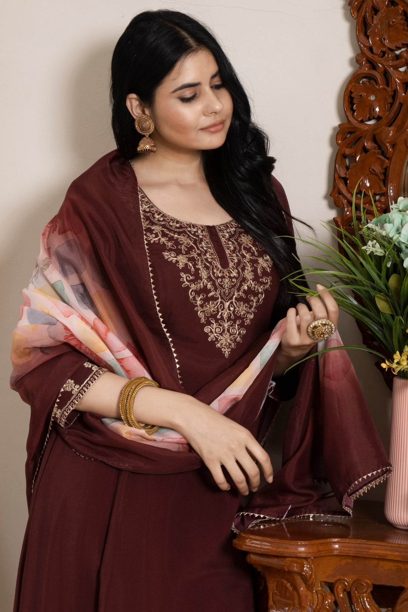 Maroon Straight-Cut Kurta Set With Gold Embroidery And Sheer Dupatta