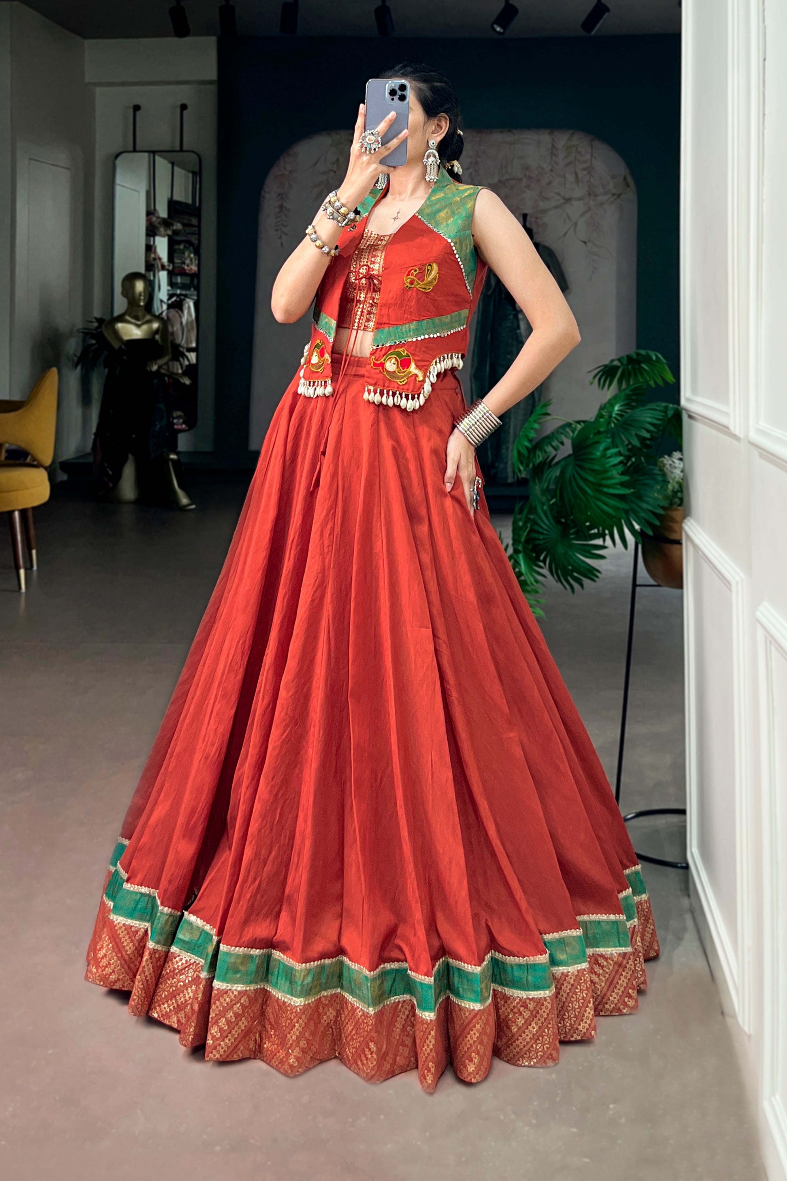 Raasrang Special Navratri Designer Pure Chanderi Rust Lehenga Choli