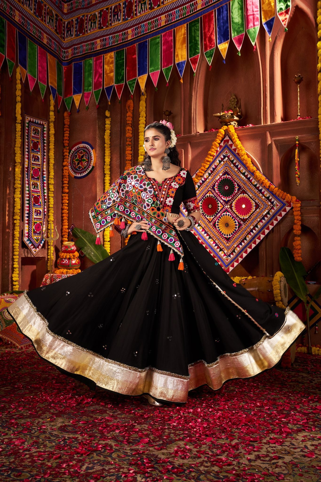 Black Thread With Mirror Hand Work Viscose Cotton Navratri Lehenga Choli