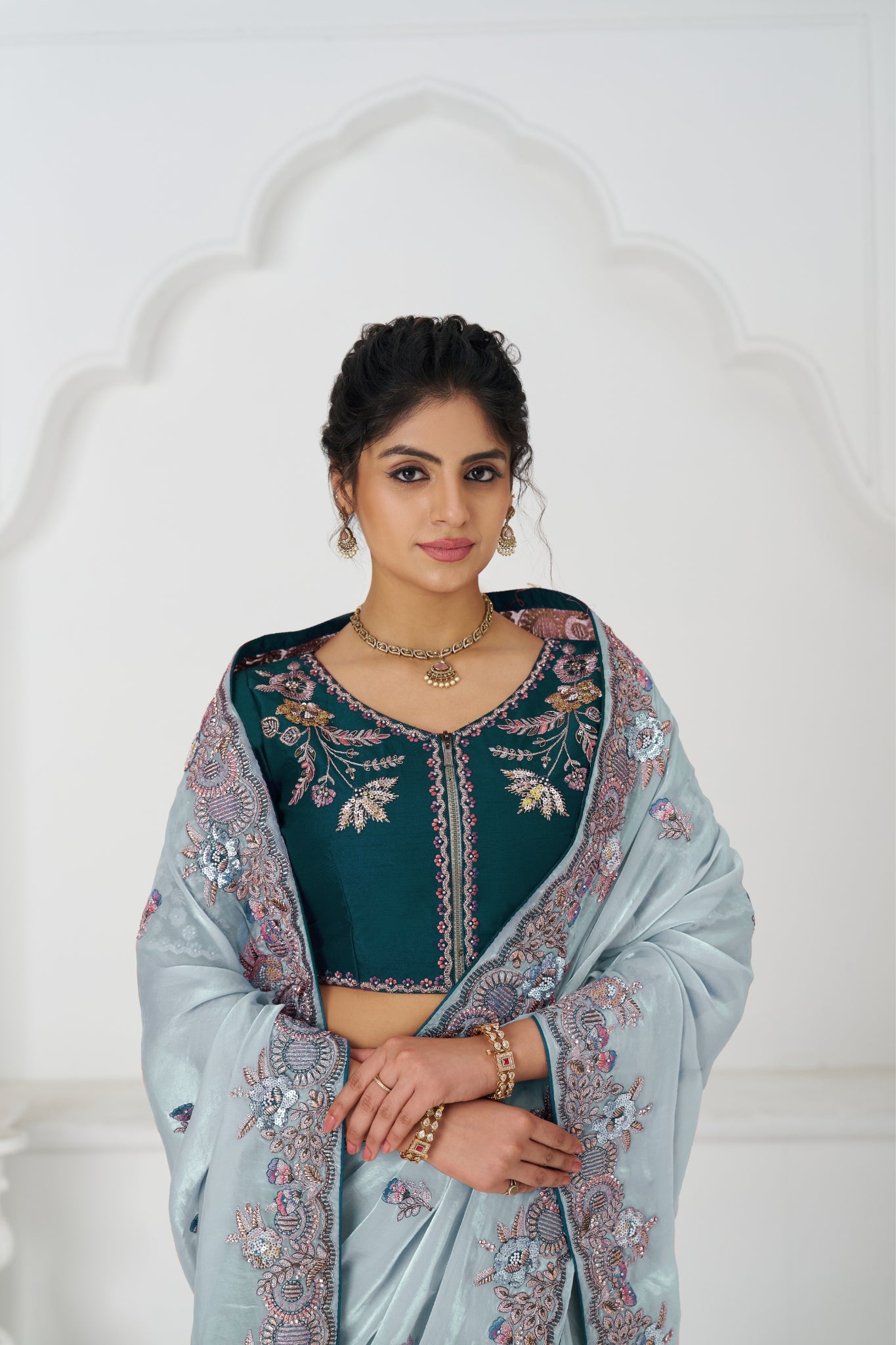 Stunning Wedding Designer Grey Pure Fendi Silk Saree