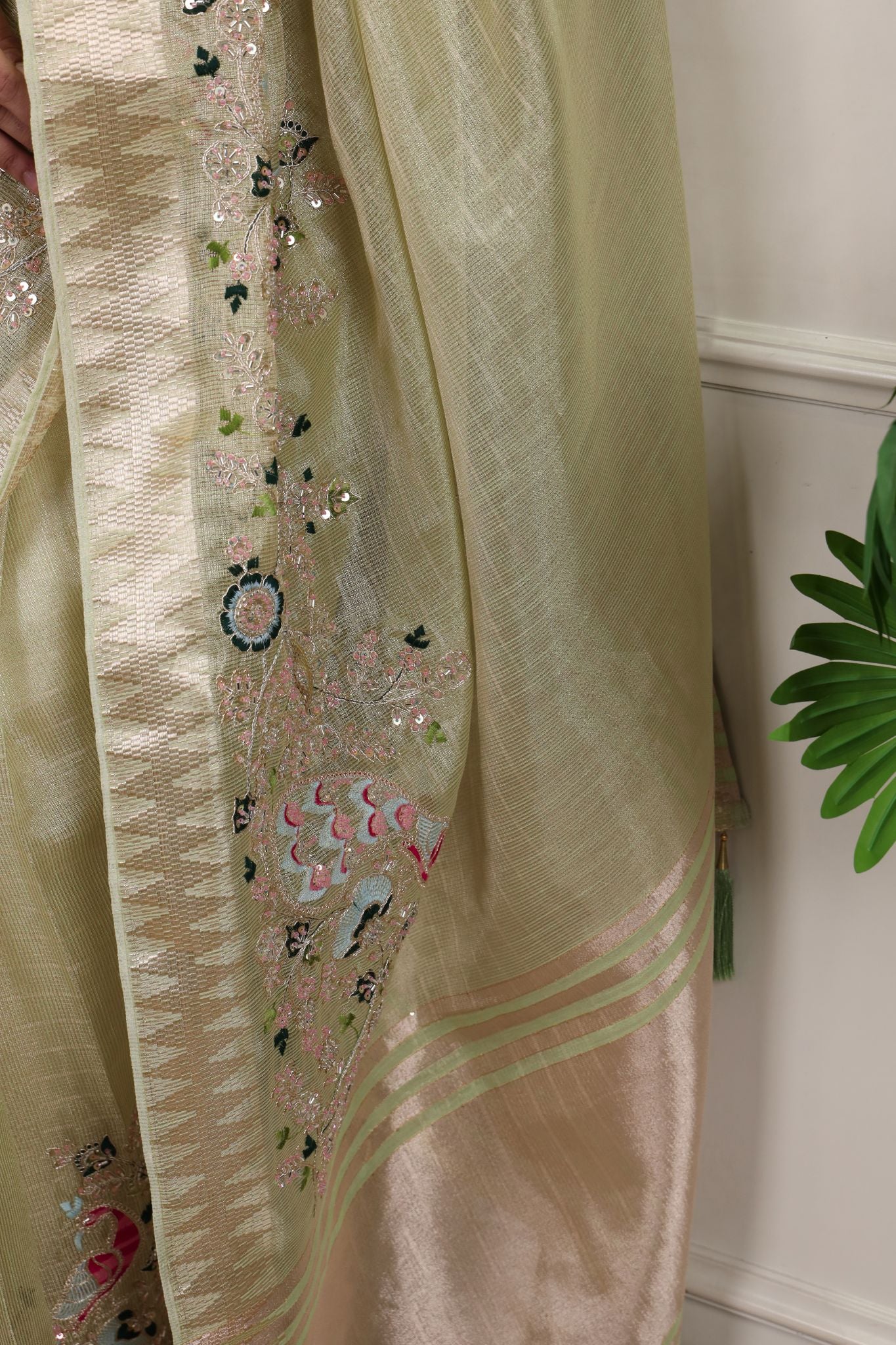 Premium Zari Kota Tissue Saree | Embroidery Beads Work Zari Weaving Border