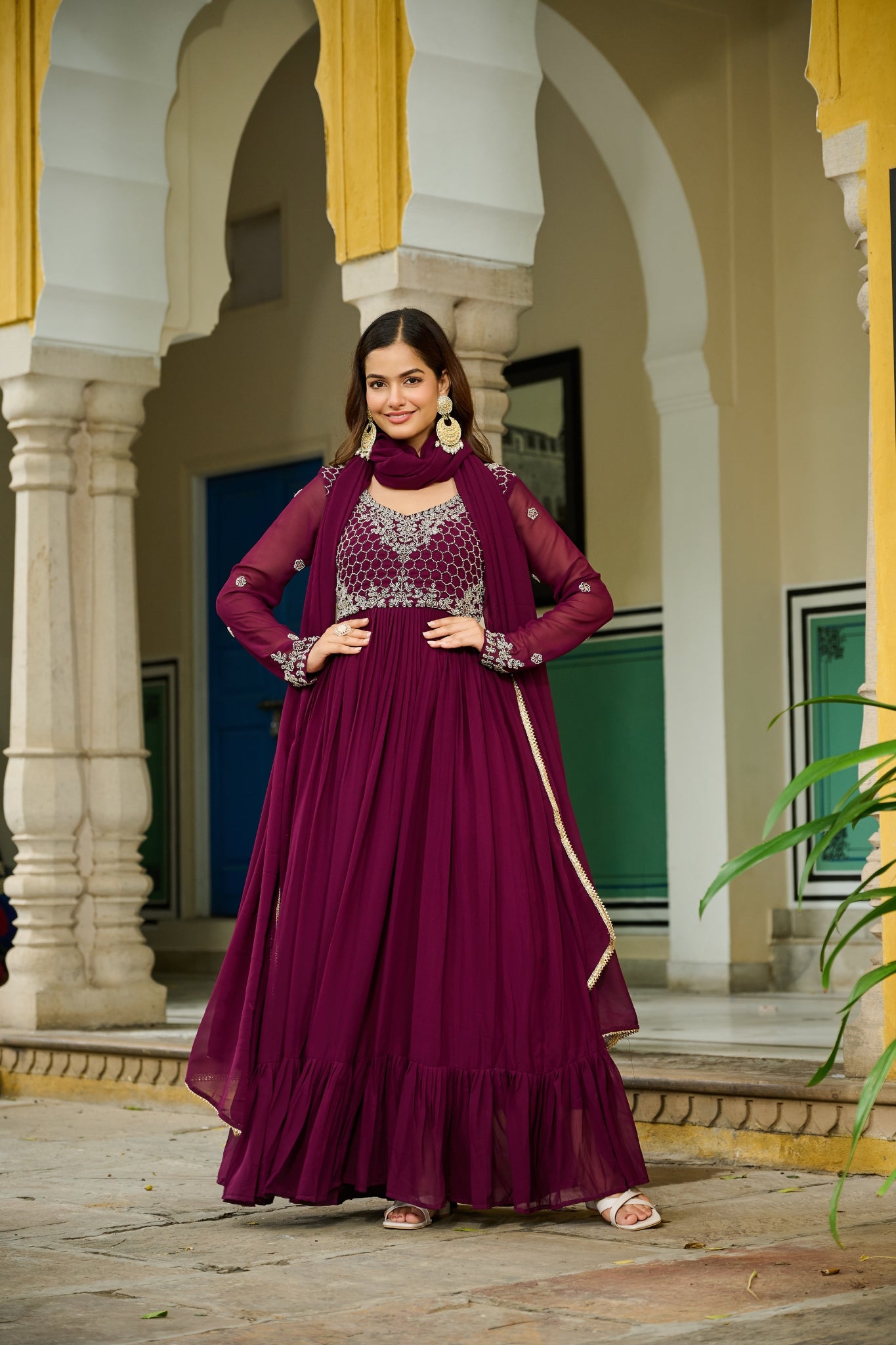 Wine Bloom Elegance The Royal Beaded Designer Gown