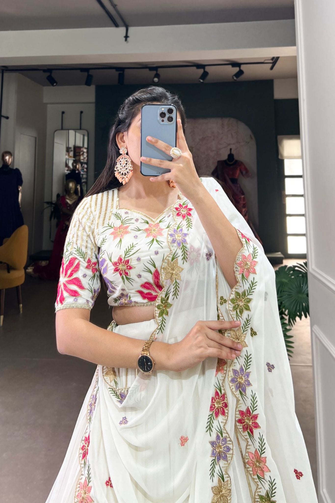 White Georgette Tread Embroidery Work Lehenga Choli