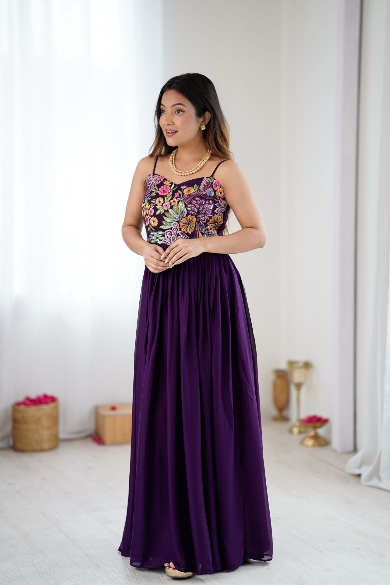 Purple Floral Embroidered Designer Pure Georgette Gown For Women