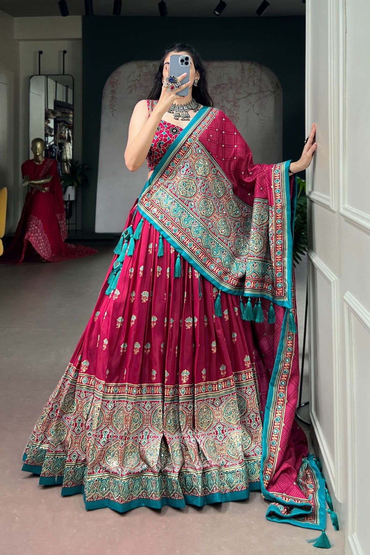 Designer Tasar Silk Ajrak Print Navratri Lehenga Choli