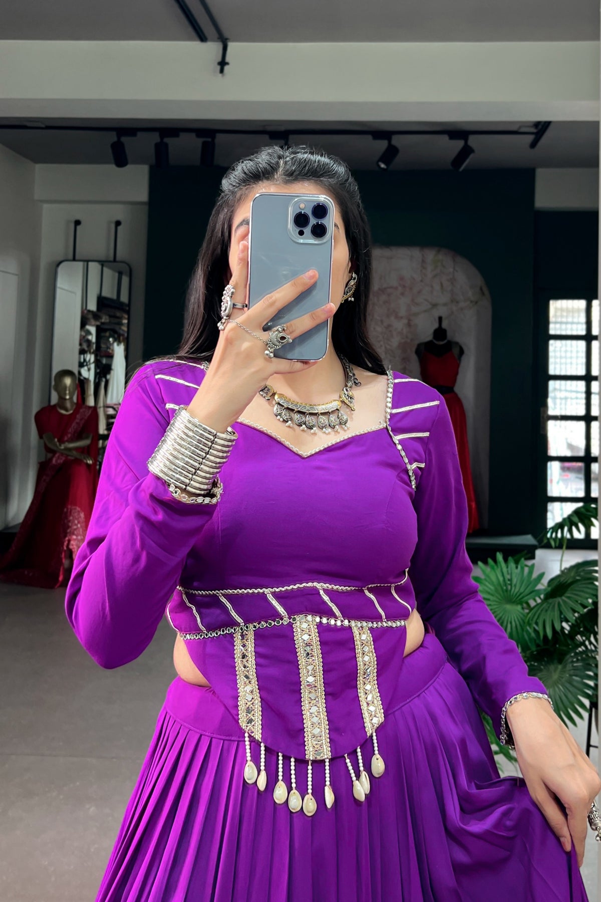Purple Rayon Navratri Designer Multicolor Patchwork Lehenga Choli