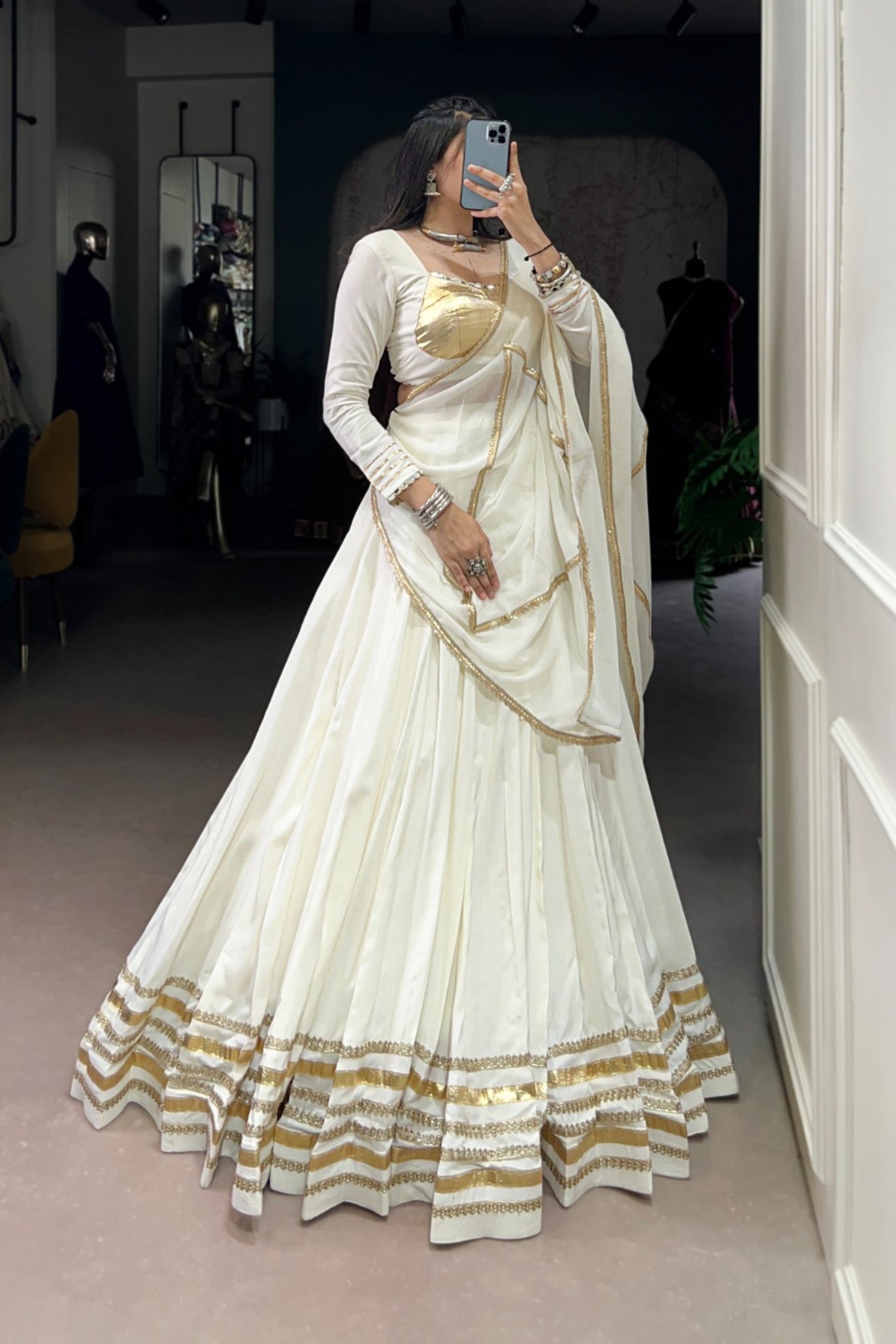 White Navratri Style Pure Rayon Embossed Design With Original Mirror Work Traditional Lehenga Choli Set