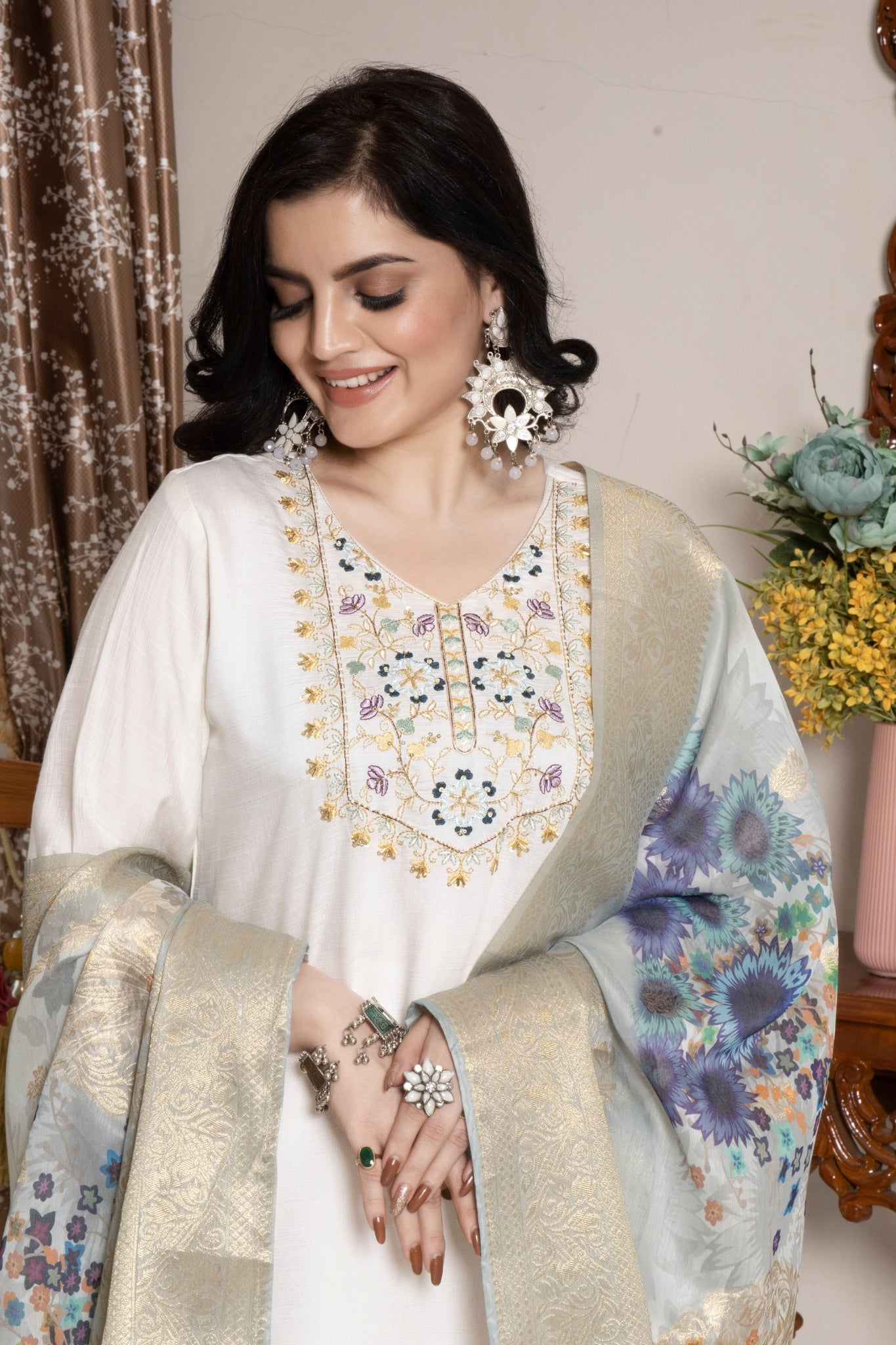 Elegant White Embroidered Viscose Kurta Set With Jacquard Printed Chanderi Dupatta