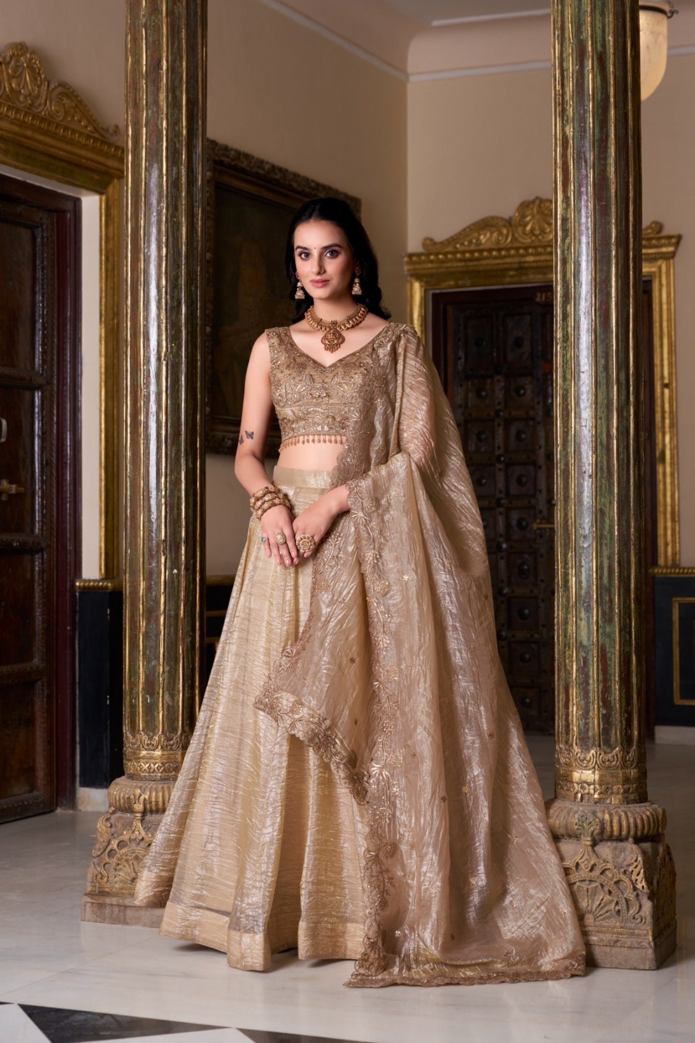 Embroidered Gold Crush Wedding Lehenga Set For Women