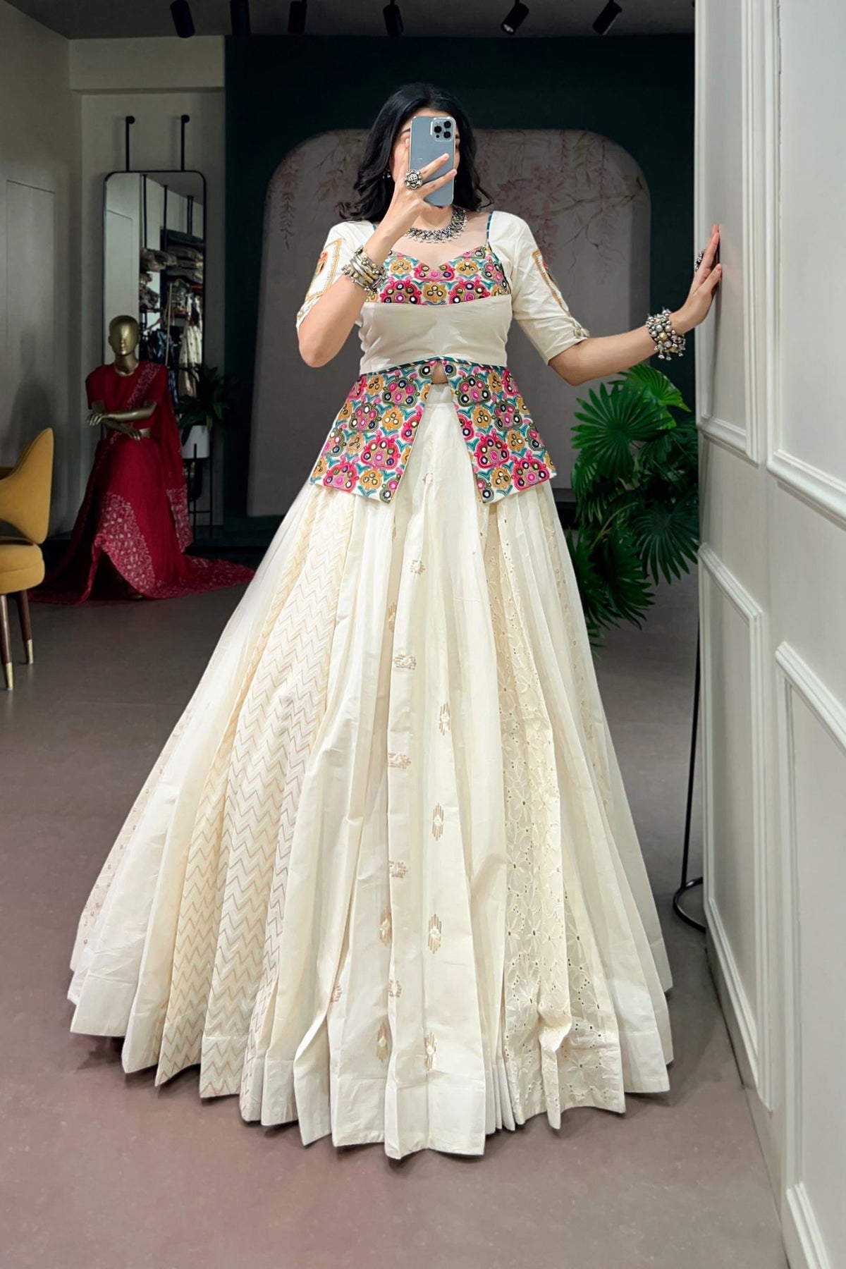Off-White Cotton Designer Gamthi Work Navratri Lehenga Choli