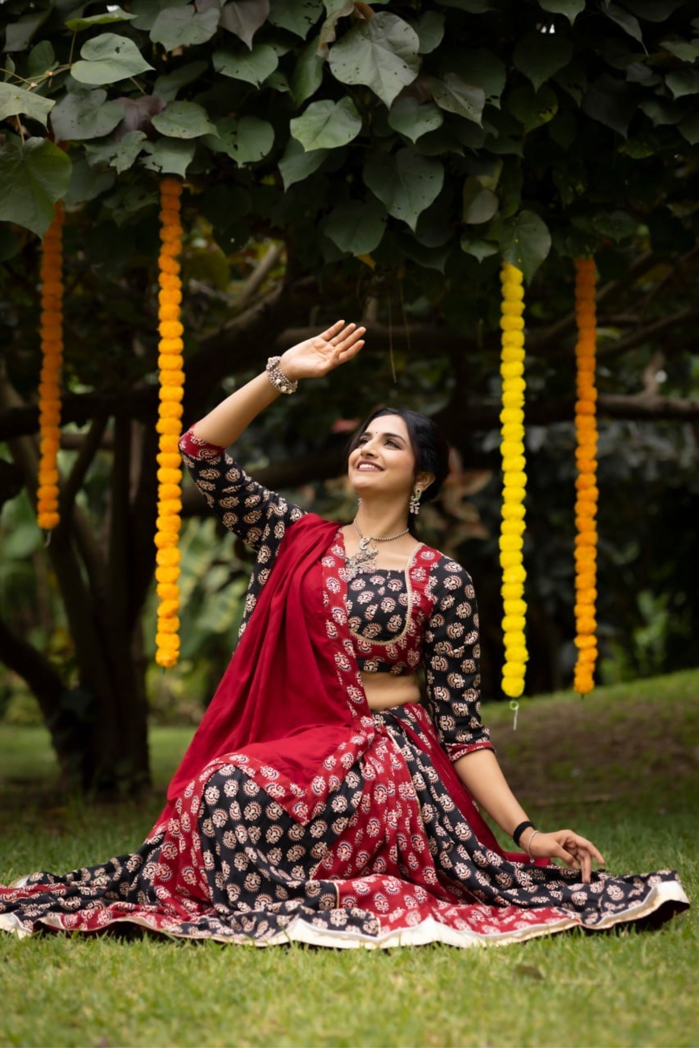 RaasRang Maroon Ajrakh Print Navratri Lehenga Choli For Women