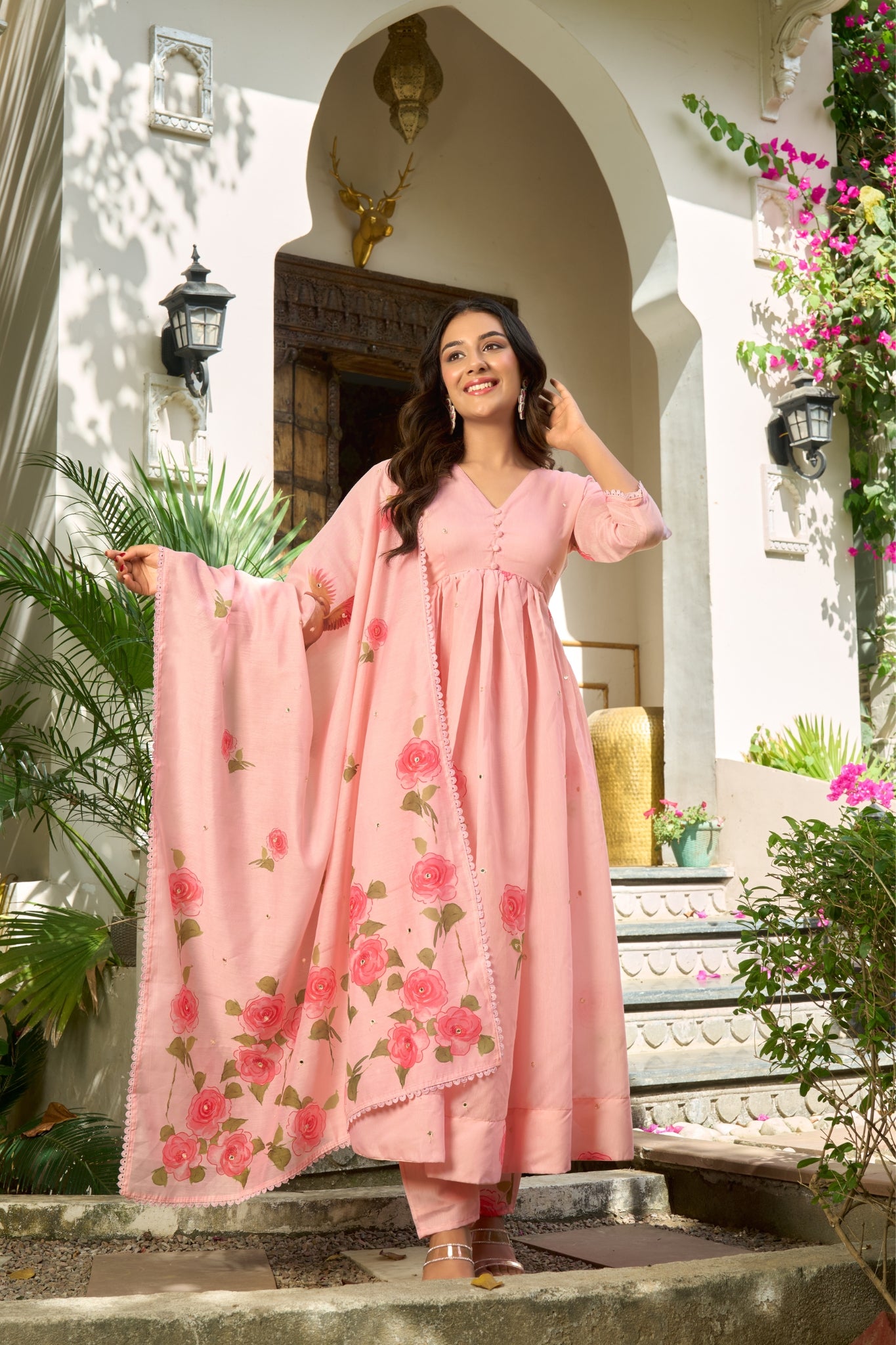 Pure Chanderi Floral Anarkali Suit Set With Palazzo Dupatta For Women