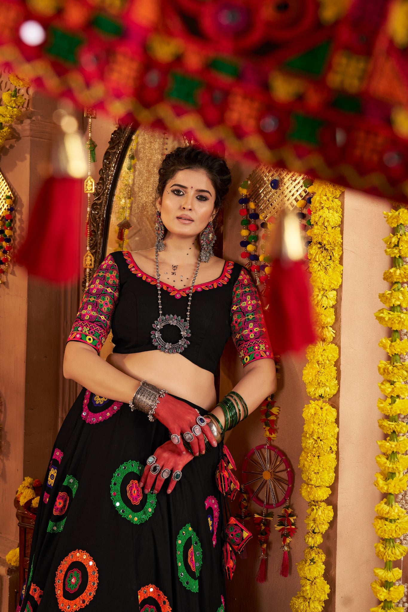 Viscose Cotton Elegant Thread Embroidered With Mirror Work Traditional Navratri Lehenga Choli