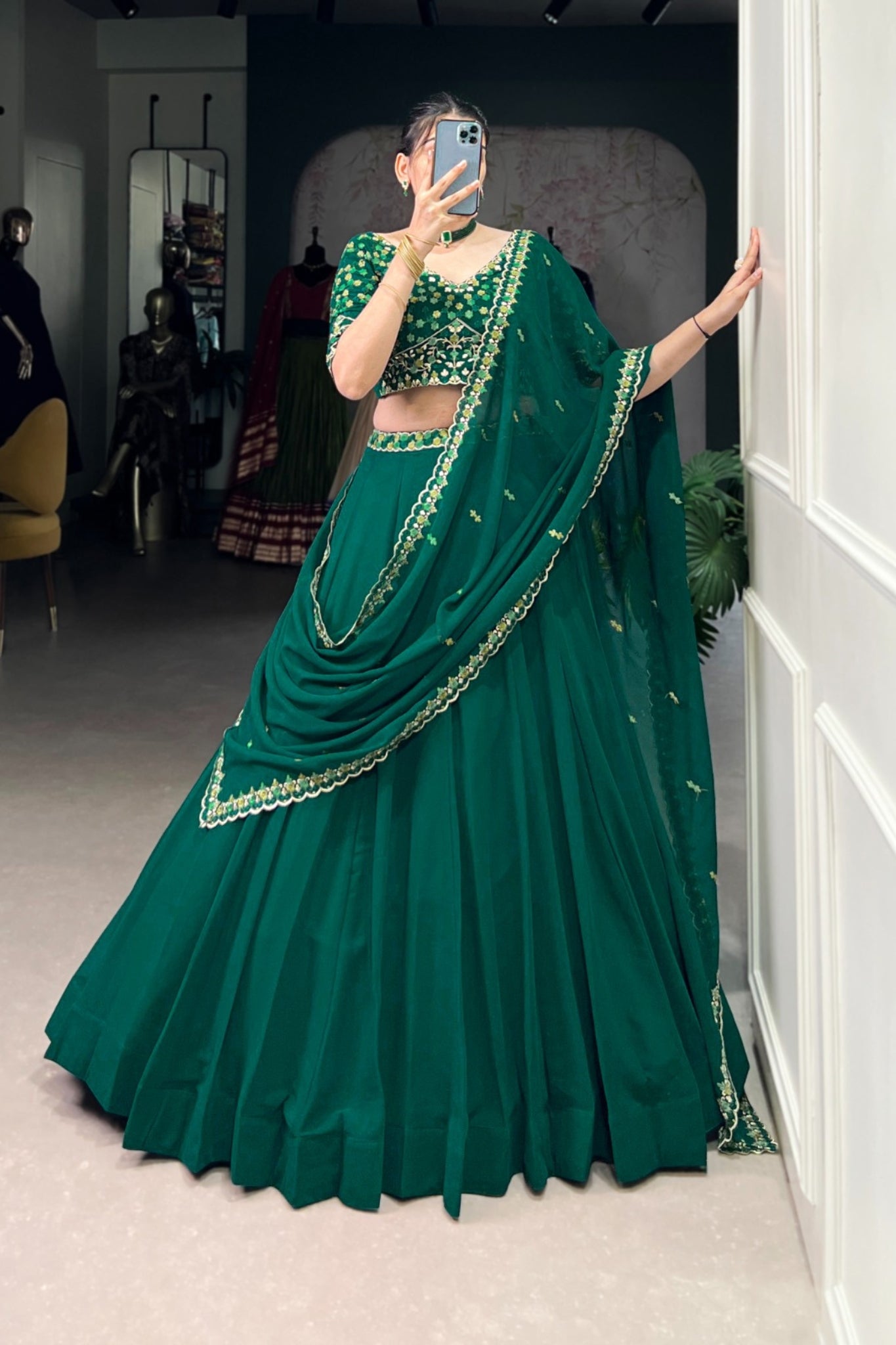 Battel Green Georgette Thread Embroidered Wedding Lehenga Choli