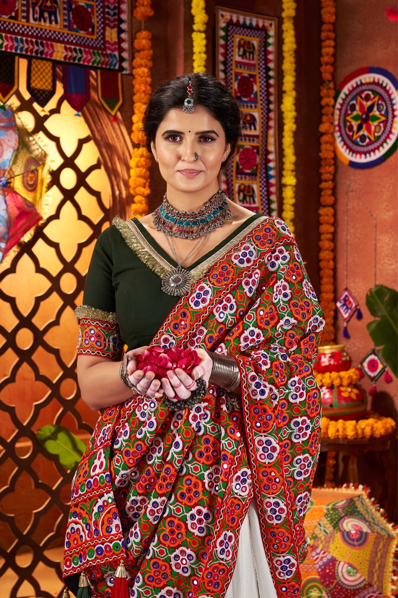 Beautiful White Designer Silk Navratri Special Lehenga Choli Set