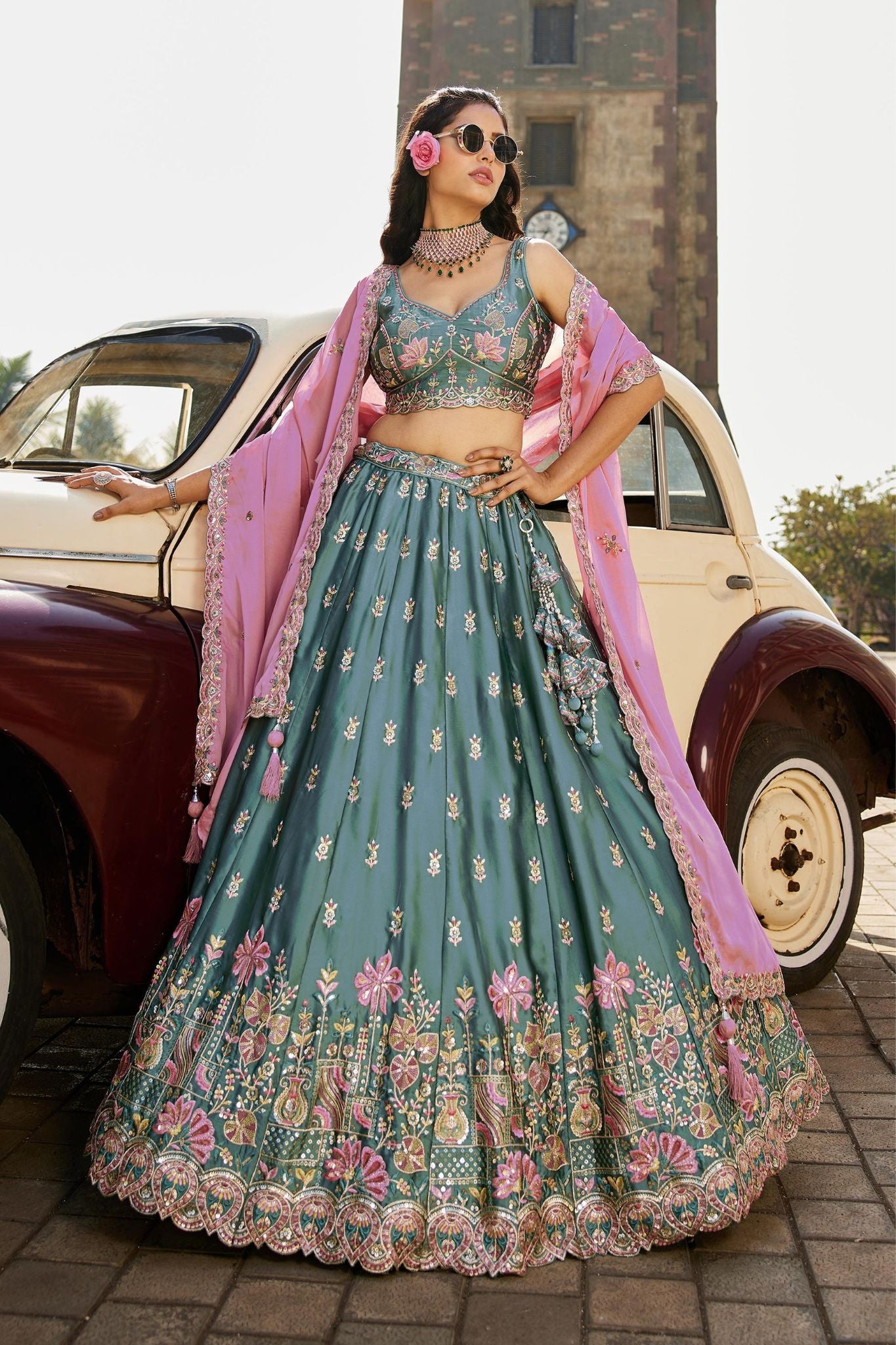 Teal Blue Rangoli Silk Designer Lehenga Choli With Pink Embroidered Dupatta