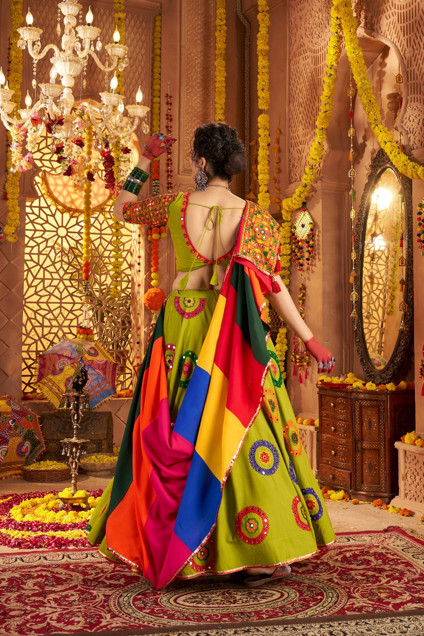 Viscose Cotton Elegant Thread Embroidered With Mirror Work Traditional Navratri Lehenga Choli