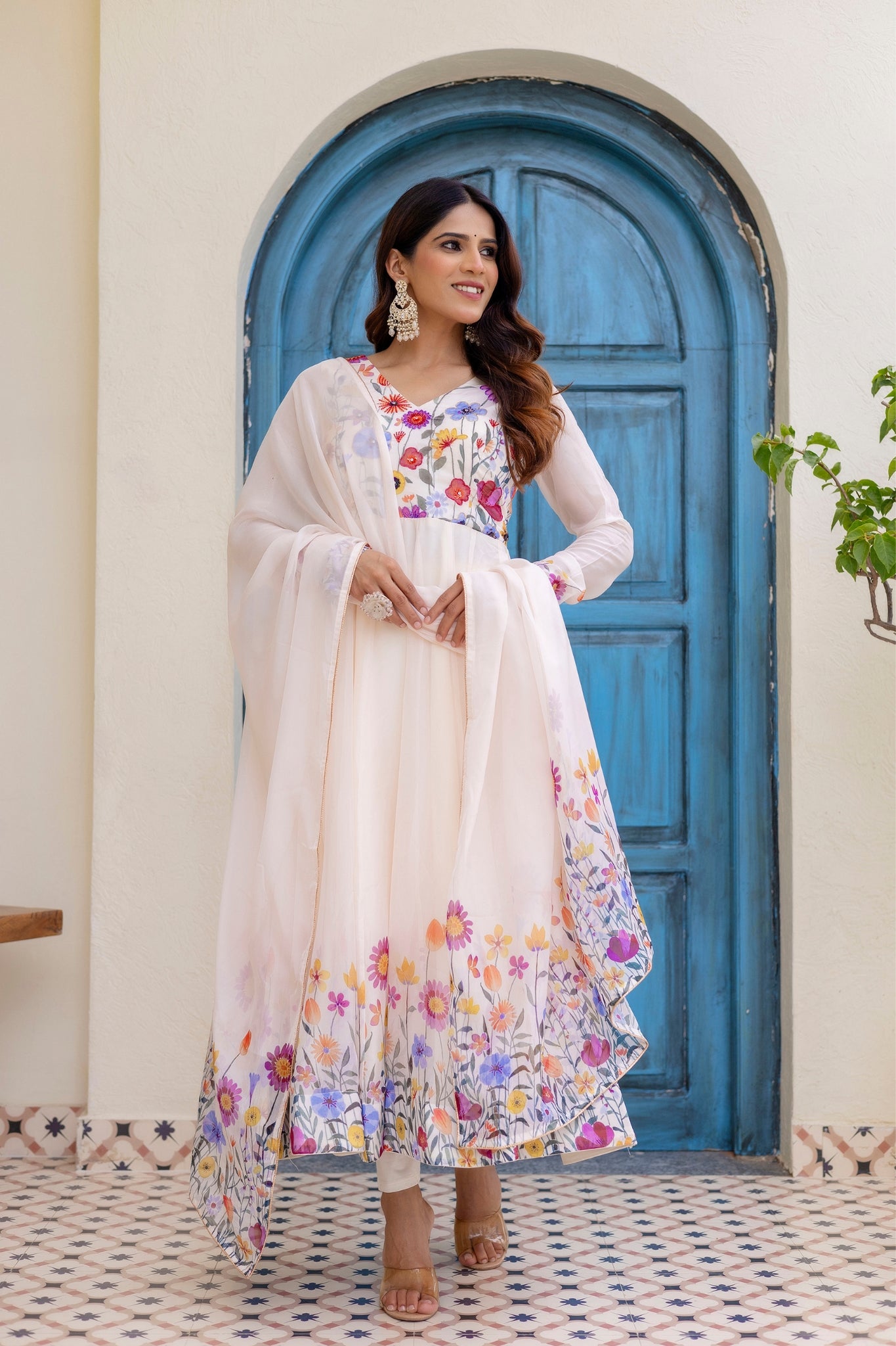 Premium Floral Organza Anarkali Set With Dupatta