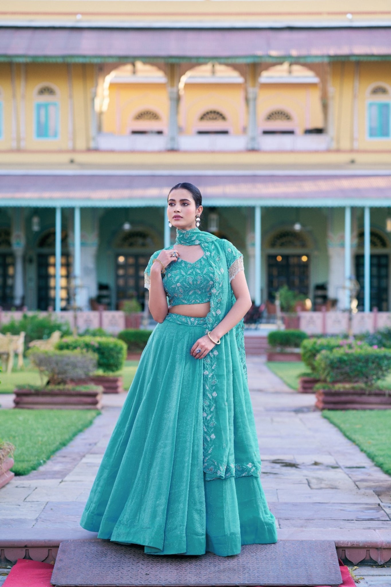 Premium Sea Green Beads With Thread Embroidered Work Lehenga Choli