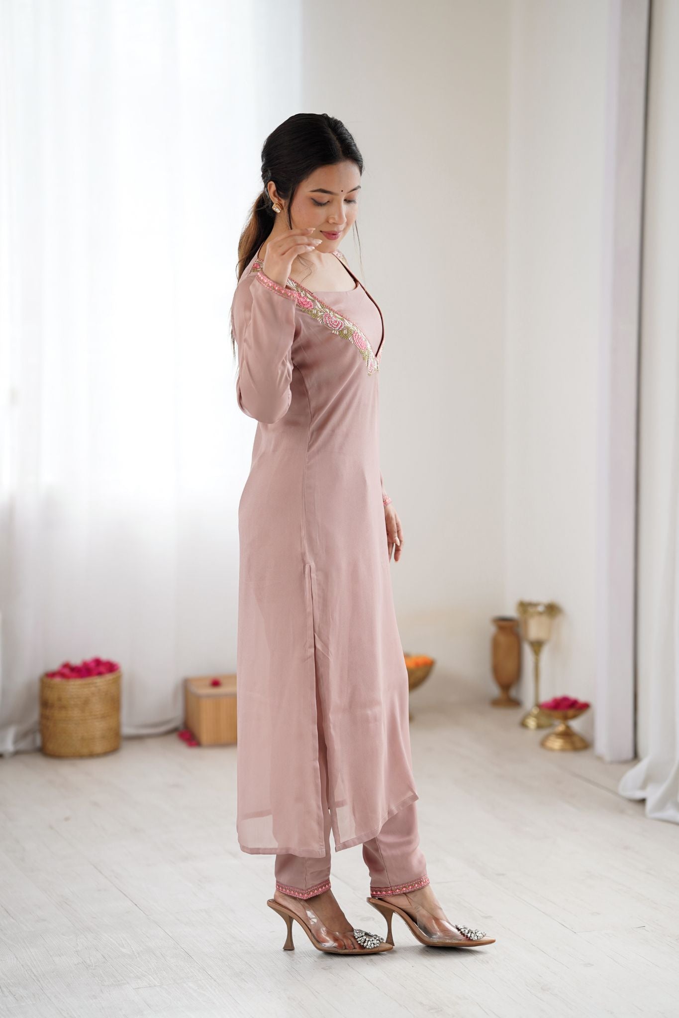 Dusty Rose Floral Embroidered Designer 3 Piece Co-Ord Set for Women