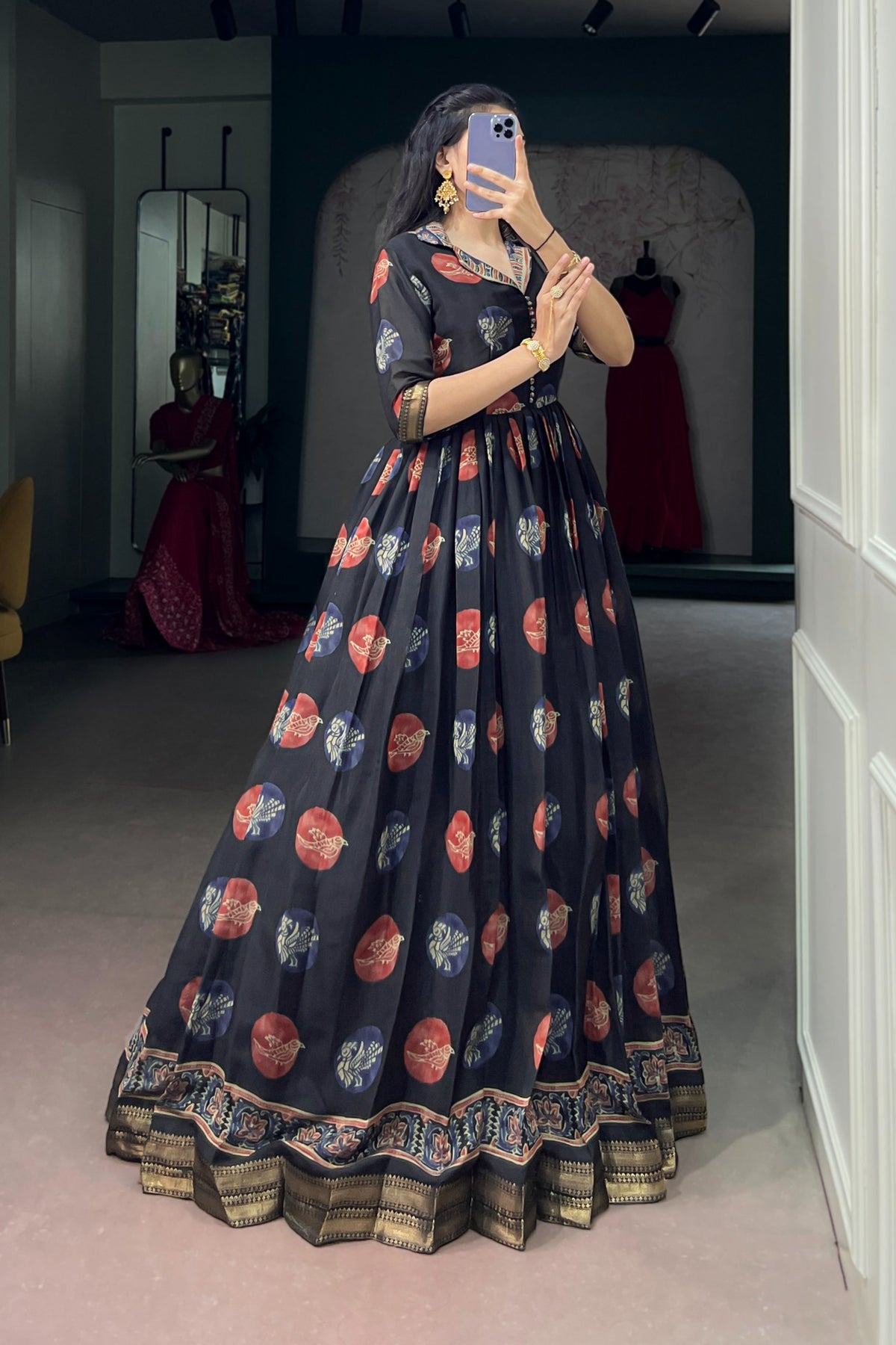 Designer Chanderi Printed Gown For Festive Wear