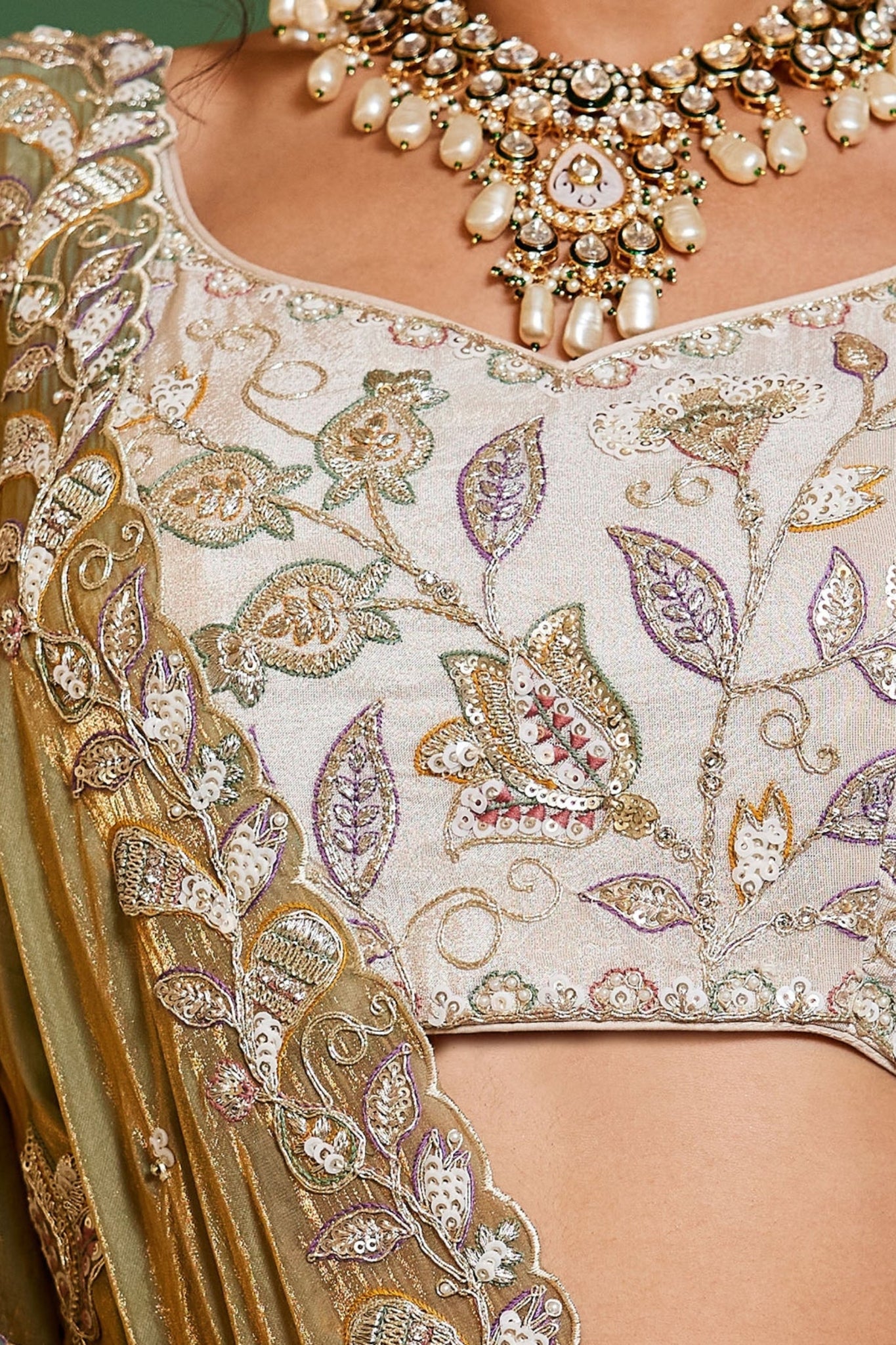 Premium Pure Tissue Ivory Cream Designer Lehenga Choli With Sage Green Fendi Dupatta