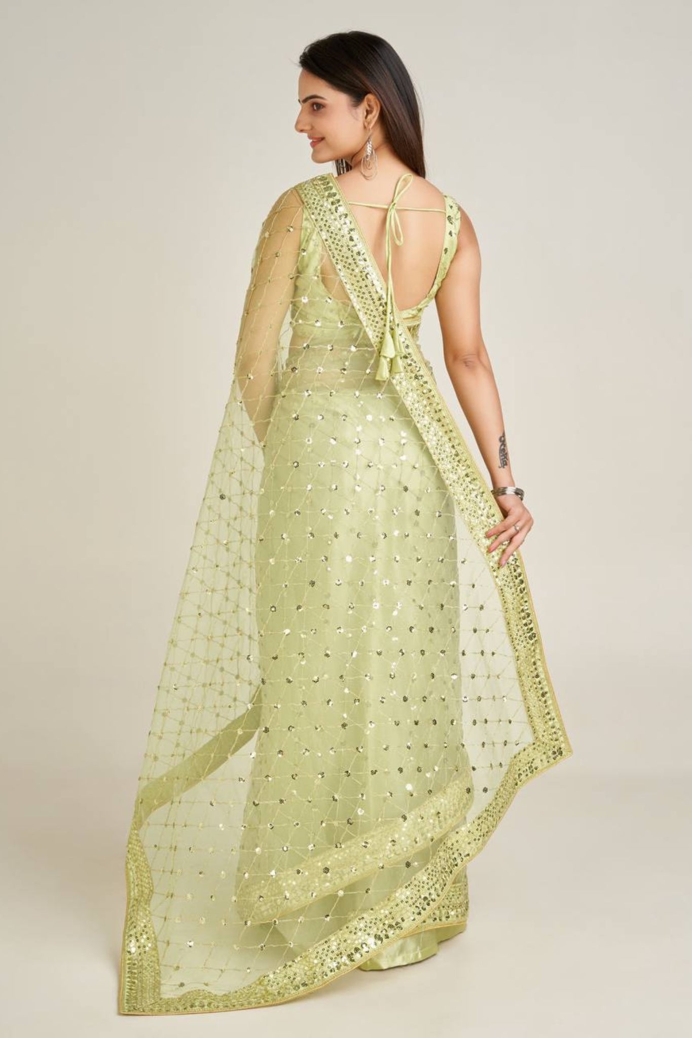 Designer Net Saree With Sequins And Dori Embroidery Work