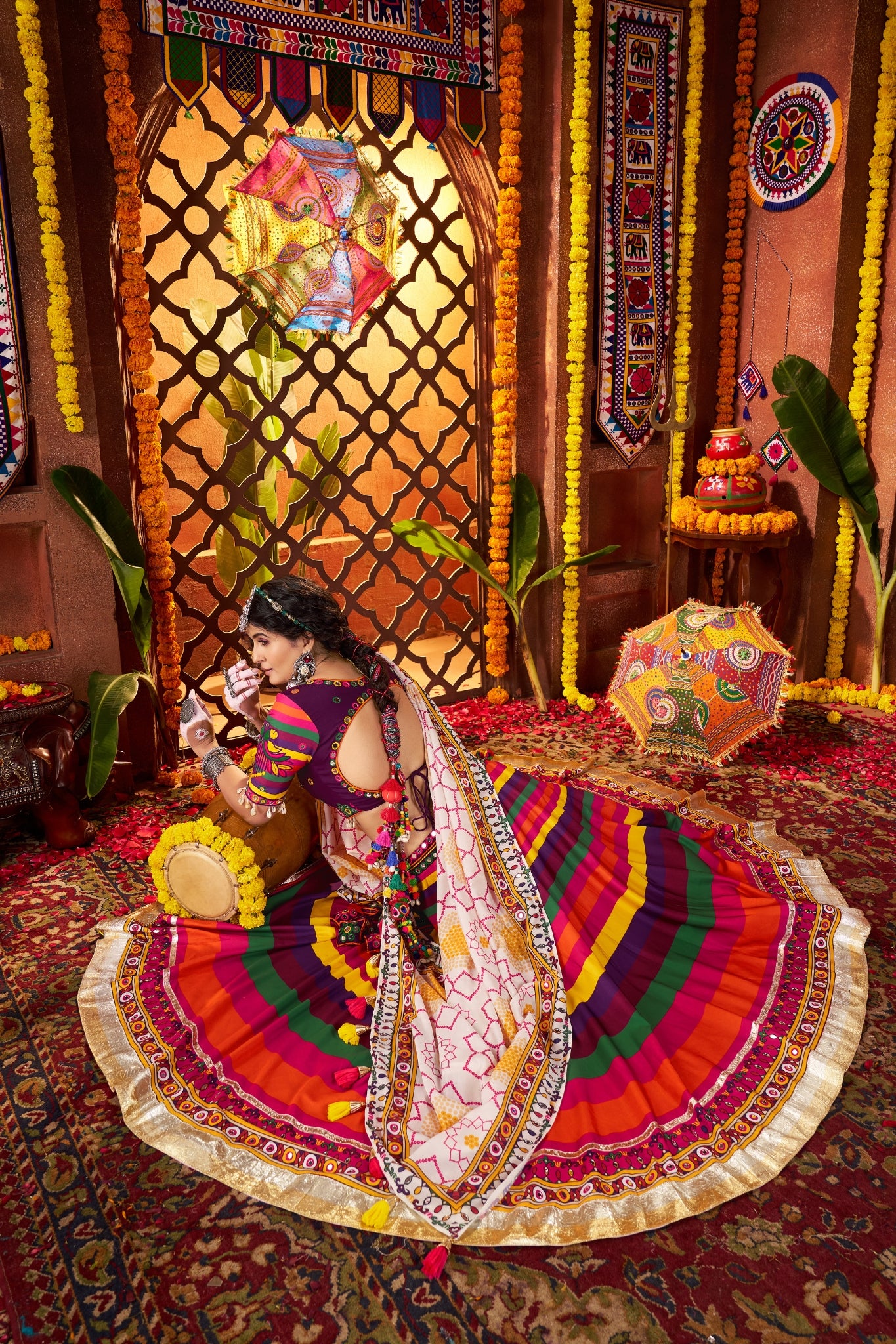 Multi Color Muslin Designer Stunning Print With Mirror Work Navratri Lehenga Choli
