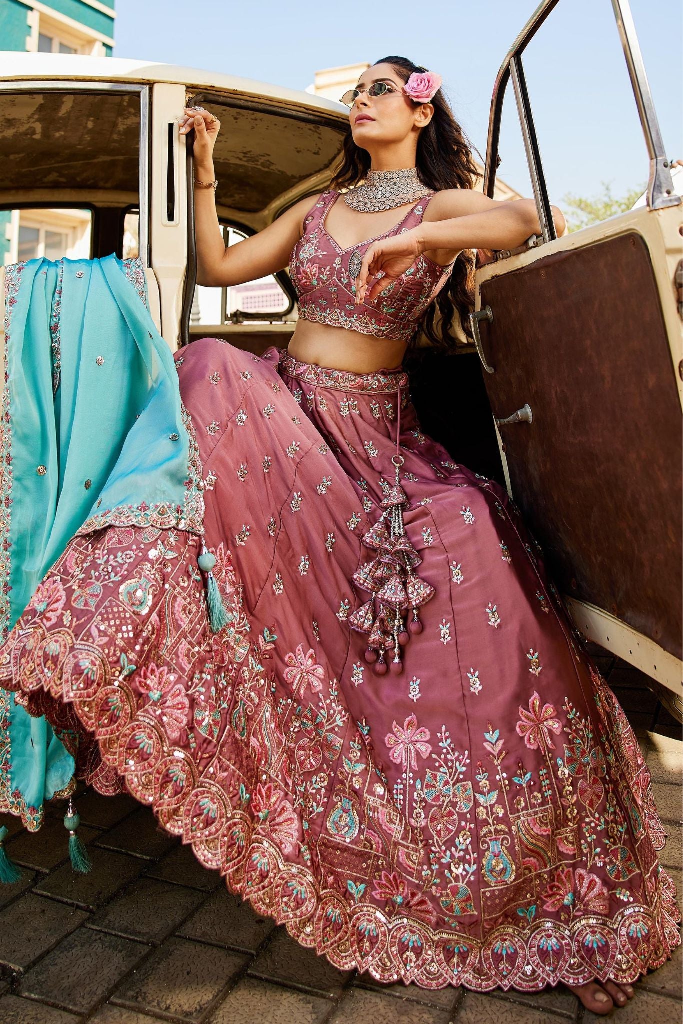 Dusty Rose Rangoli Silk Designer Lehenga Choli With Aqua Blue Embroidered Dupatta
